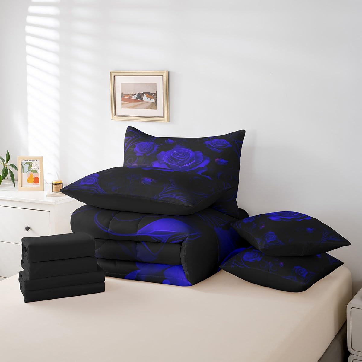 Erosebridal Blue Roses Bedding Set,Romantic Valentine's Day Bed in A Bag Couple Wedding Queen Comforter Set 7 Piece for Men Women Adults,Blooming Flower Sheet Set with Comforter