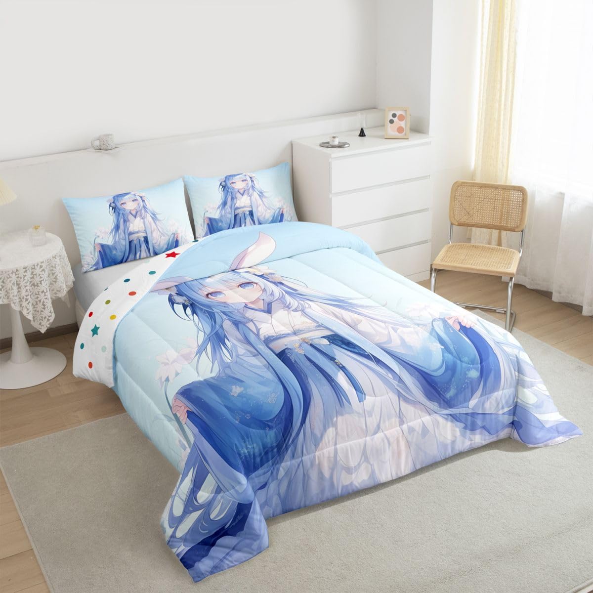 Erosebridal Traditional Japanese Comforter Set, 3D Anime Bedding for Kids Girls, Kawaii Decor With Blue Butterfly, Down Comforter Full Size