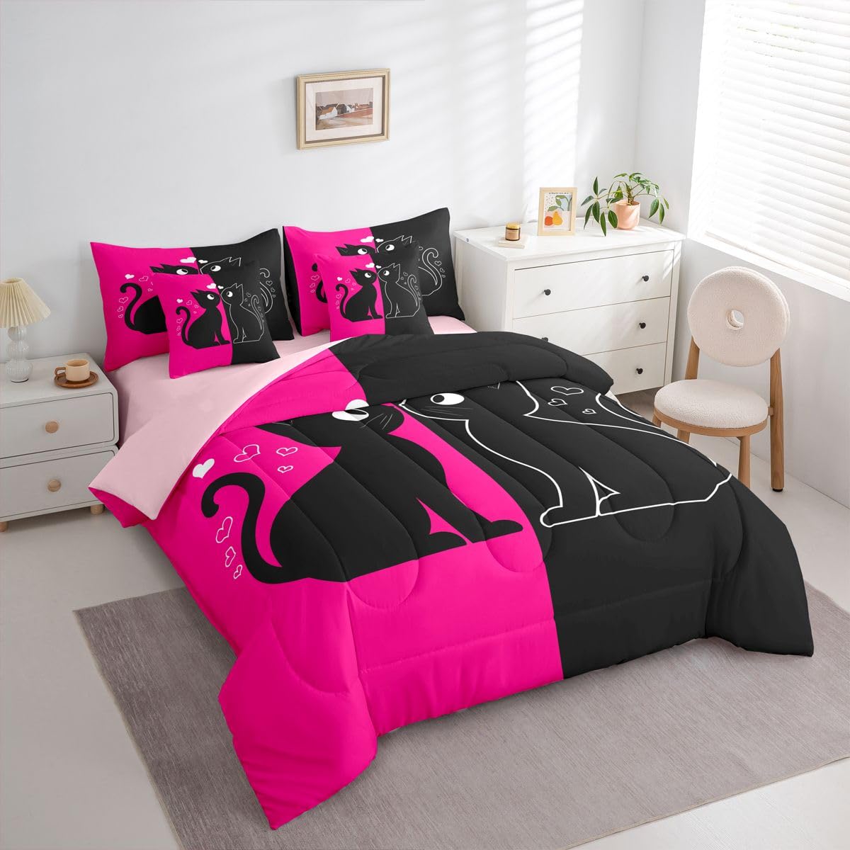 Cute Black Cat 7-Piece Bedding Set Full Size (Hot Pink and Black) | Valentine's Day Cats Bed in a Bag for Couple Lovers Romantic Cats Comforter Set with Sheets Kawaii Pet Animal Duvet Insert