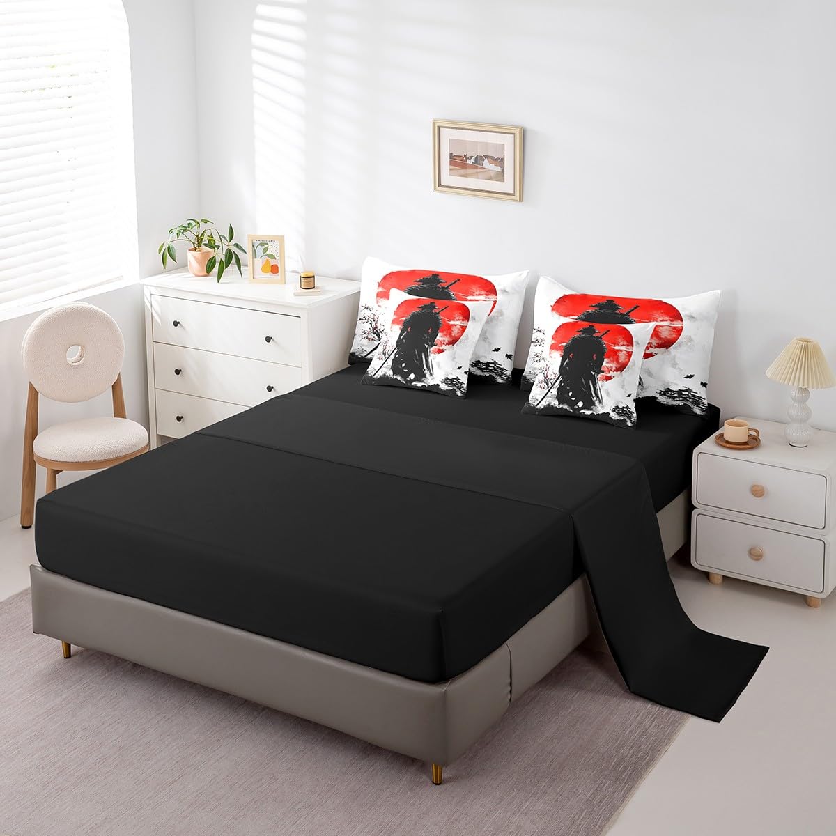 Erosebridal Japanese Samurai Comforter Set Twin,Samurai Ukiyoe Bedding Set 7Pcs,Cherry Blossom Bed in a Bag,Black Red Sun Quilt