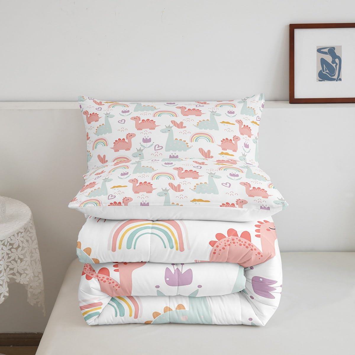 Feelyou Cartoon Dino Comforter Set Full, Pink Green Dinosaur Comforter Cute Jungle Dino Comforter Set for Kids Boys Girls Cute Rainbow Duvet Set Microfiber Quilt Set