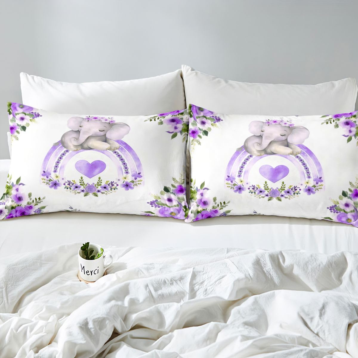 Erosebridal Cartoon Elephant Sheet Set Full | Rainbow Heart Pattern Bed Sheets for Kids Boys Girls Bohemian Colorful Flower Floral Flat Fitted Sheet African Ethnic Tribal Animal Sheets 3 Pcs