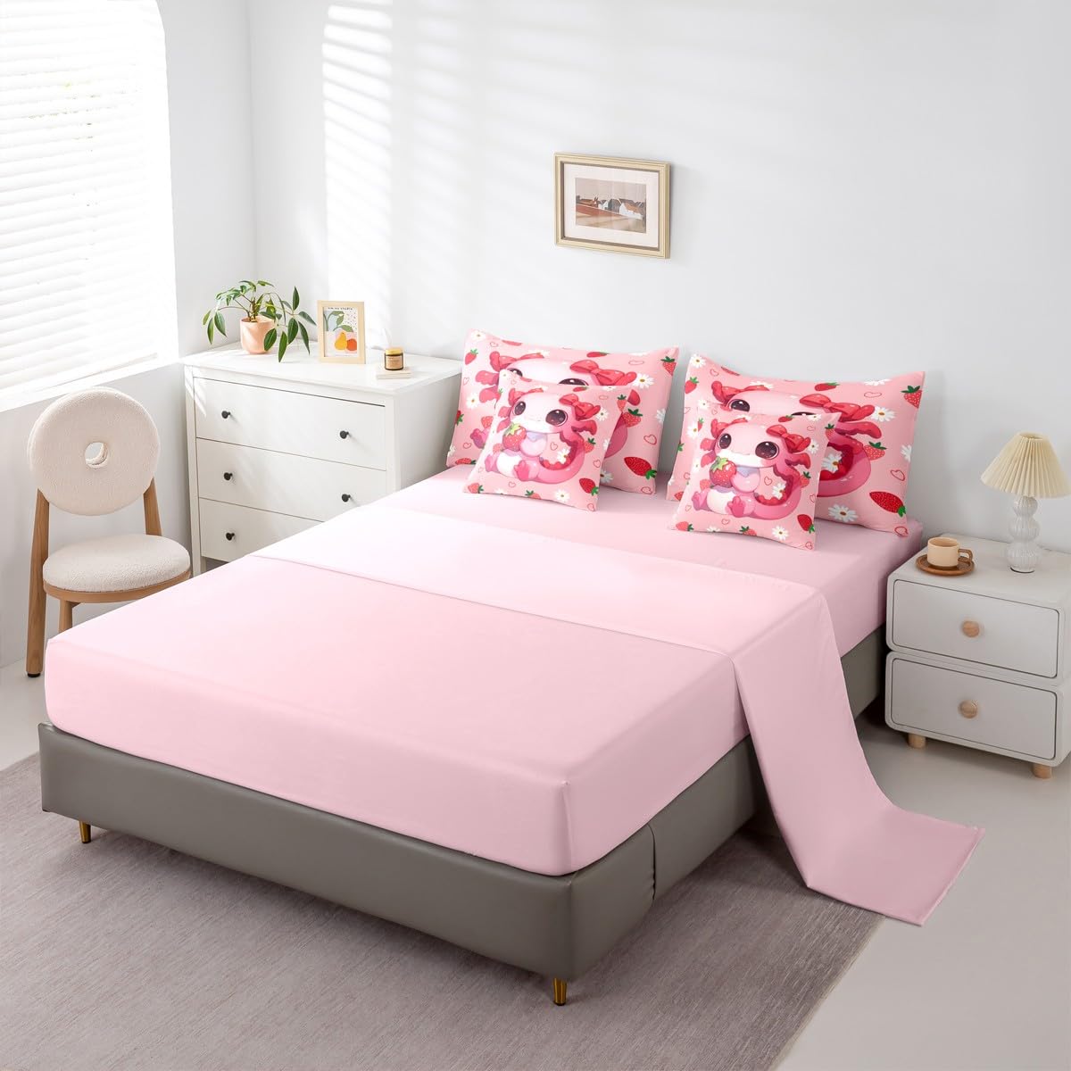 Erosebridal Cute Axolotl 7 Pieces Bedding Set Queen Size for Teen Girl | Pink Strawberry Bed in A Bag Kids Cartoon Daisy Floral Flower Comforter Set with Sheets Kawaii Animal Axolotl Quilt Set