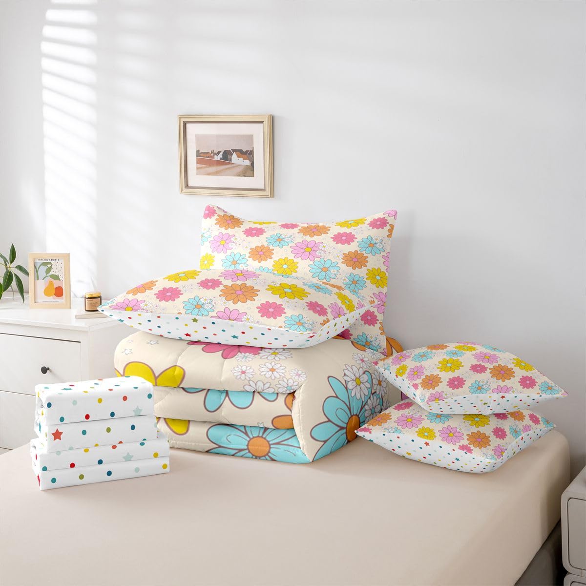 Erosebridal Cartoon Flower 7 Pcs Bedding Set Twin Size for Teen Girls Cute Floral Comforter Set with Sheets for Kids Young Women Blue Yellow Pink Bed in A Bag Kawaii Daisy Bed Sets All Season