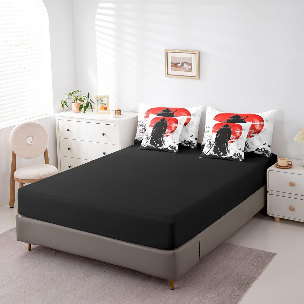 Erosebridal Japanese Samurai Comforter Set Twin,Samurai Ukiyoe Bedding Set 7Pcs,Cherry Blossom Bed in a Bag,Black Red Sun Quilt