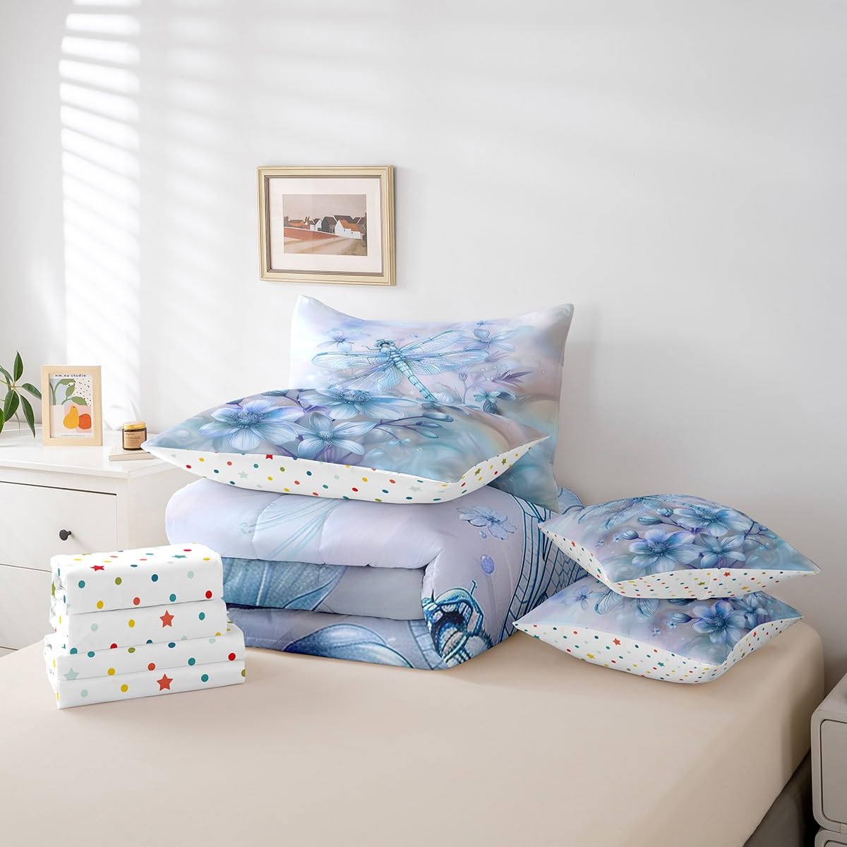 Erosebridal Blue Dragonfly Bedding Set 7Pcs,Water Lily Floral Comforter Set Queen for Kids Boys Girls Women,Dreamy Fairy Princess Style Quilt,Geometric Flying Wild Animal Bed in a Bag