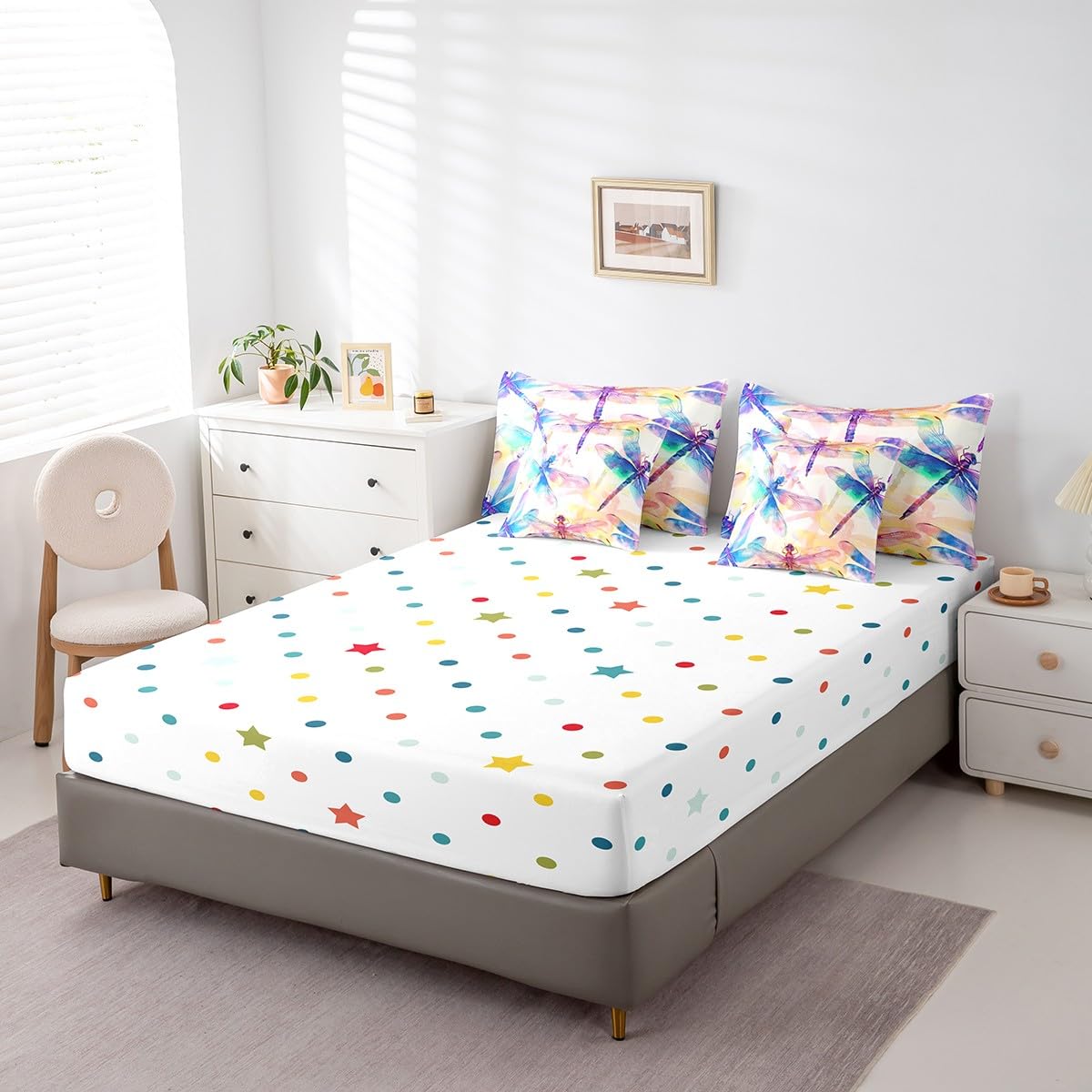 Erosebridal Rainbow Dragonfly Bedding Set 7Pcs,Gradient Ombre Dragonflies Comforter Set Queen,Fantasy Flying Wildlife Safari Animal Bed in a Bag