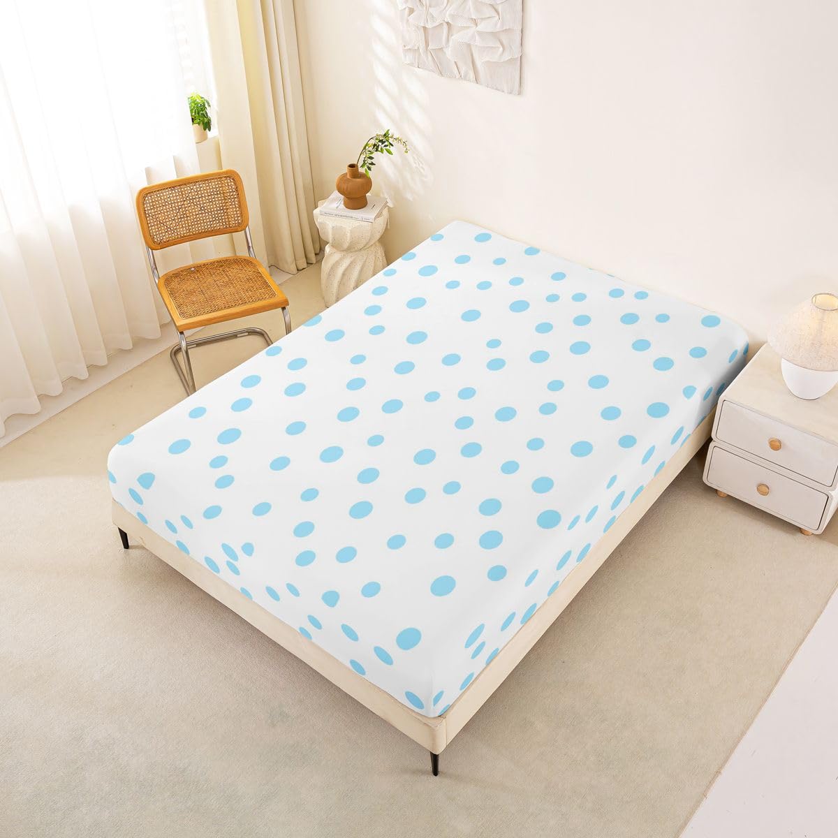jejeloiu Polka Dots Fitted Sheet Full Size for Kids Boys Girls White Blue Bed Sheets Set 16" Deep Pocket Soft Breathable Circles Geometric Bedding with 2 Pillowcases Modern Simple Room Decor