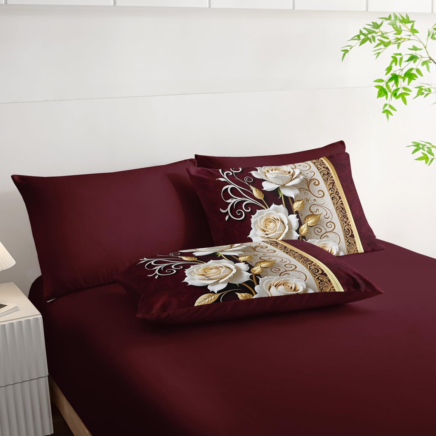 lneffble Red and White Floral Comforter Set Queen Size 7 Piece，Rose Queen Bedding Set，(1 Comforter, 1 Flat Sheet, 1 Fitted Sheet, 2 Pillowcase and 2 Pillow Sham)，White Rose Bedroom Decor