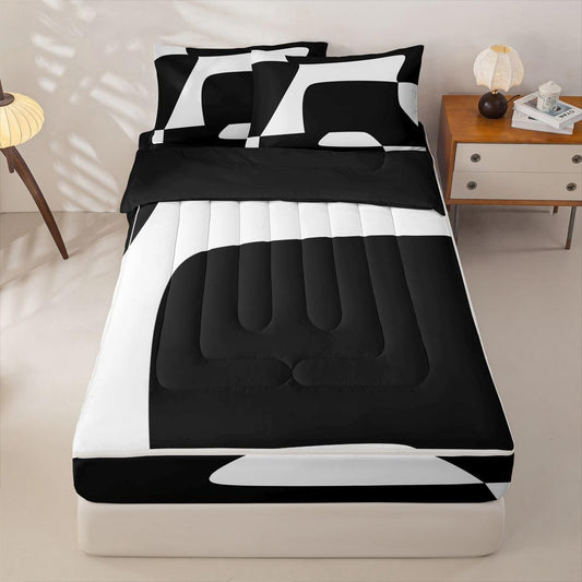 Erosebridal Black and White Abstract Zippered Comforter Set Boho Geometric Striped Zipper Bedding Set Twin Size Minimalist Modern Art Bed in a Bag Simple Aesthetic Modern Comforter with Sheets