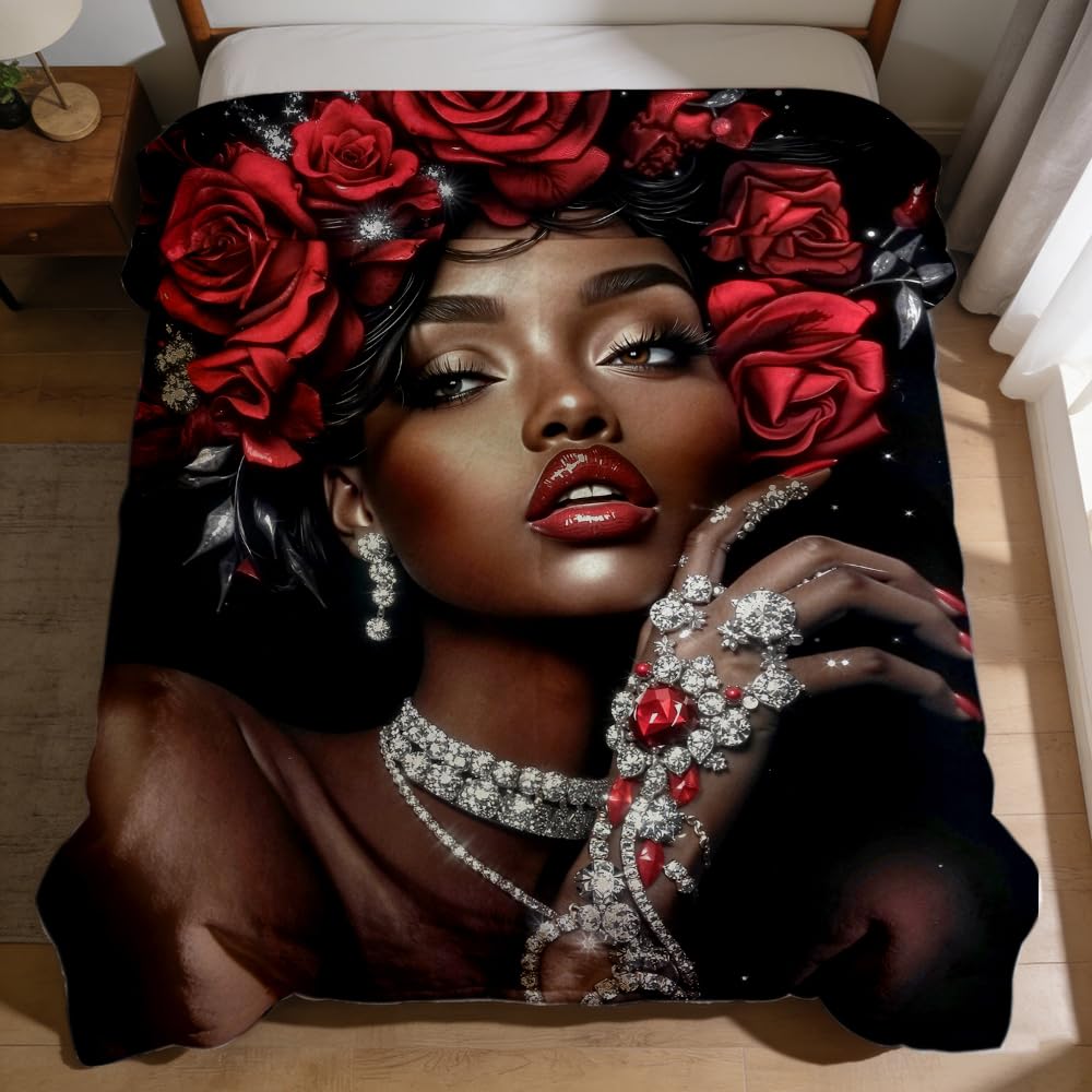 ZHOUSHUTONG Black Women Throw Blanket African American Black Girl Print Super Soft Warm Cozy Blanket for Couch Bedroom Office Home Decor Gift for Her 49"x59"