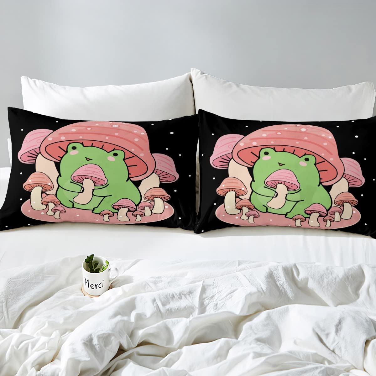 Feelyou Cartoon Mushroom Frog Bedding Fitted Sheet Cute Frog Bed Sheet Set for Kids Boys Girls Natural Wild Fungus Bedding Sheets Pink Mushroom Bed Cover 1 Bed Sheet Set with 2 Pillowcases Full Size