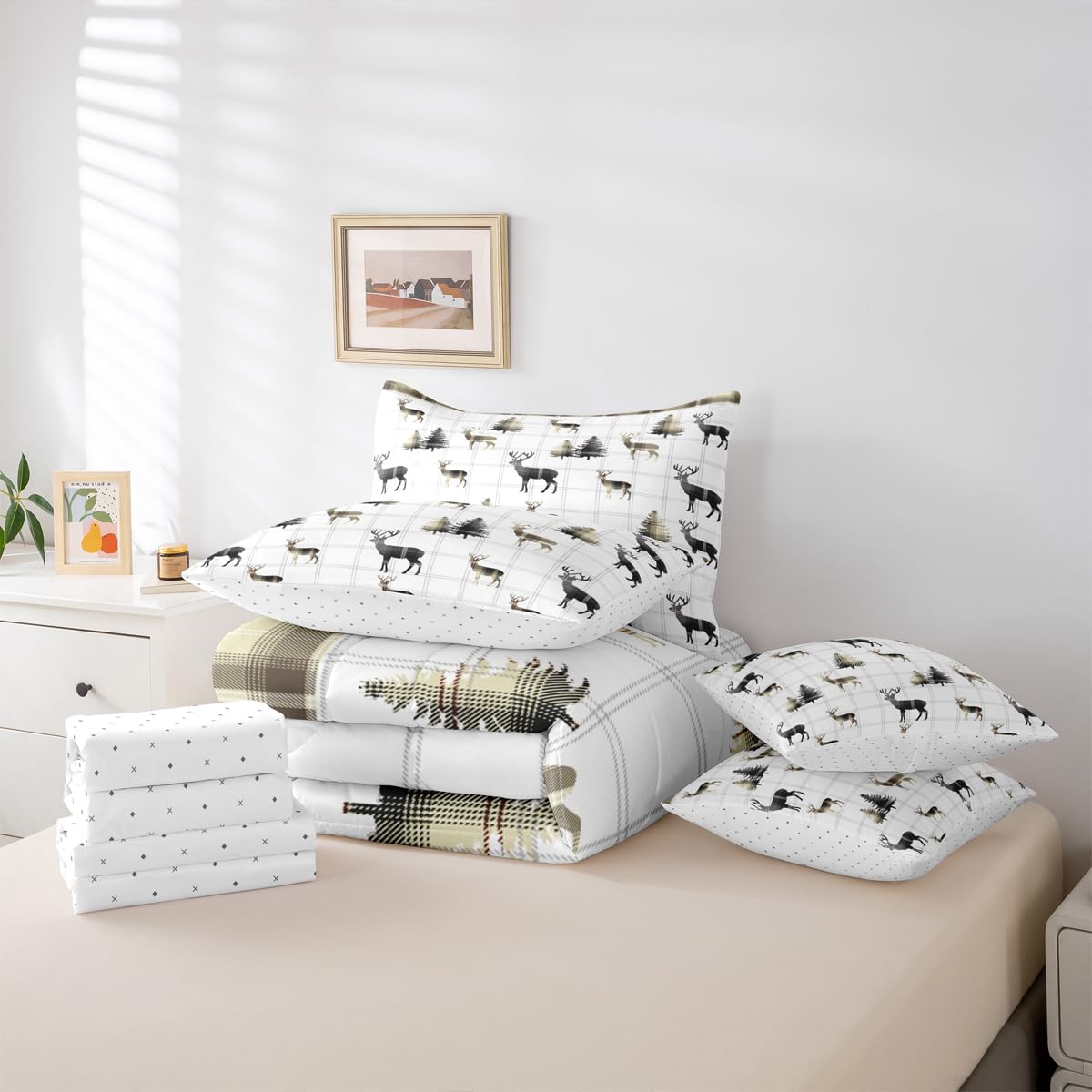 jejeloiu Cute Deer Comforter Set with Sheets 7 Piece Twin Size Antlers Bed in a Bag Kids Boys Girls Pine Tree Bedding Set Bedroom Decor Breathable Soft Lightweight Microfiber