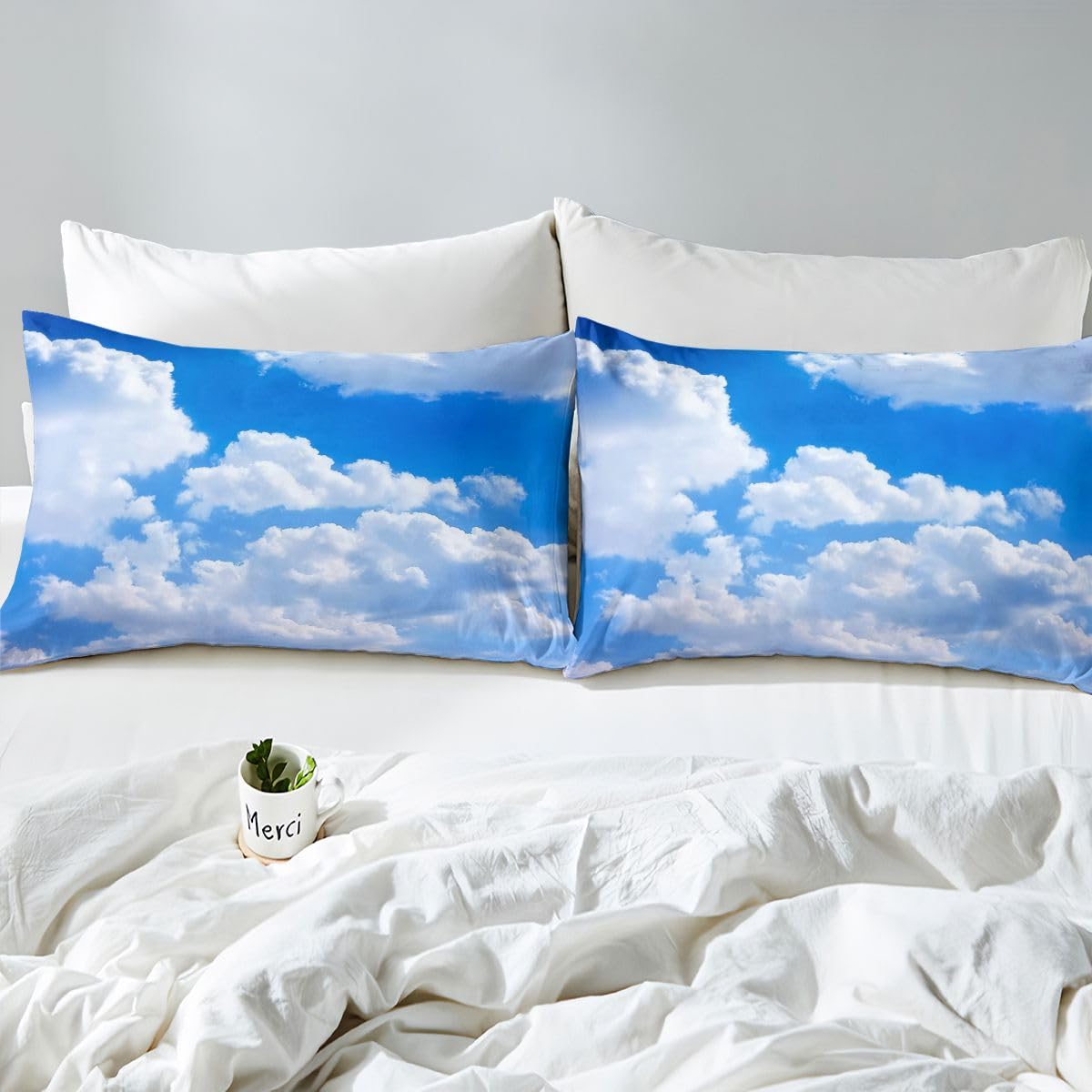 Erosebridal Blue Sky and White Clouds Sheet Set Twin Size for Boys Teens, Kids Kawaii Fitted Sheet Nature Bed Sheets Soft Microfiber Top Sheet Bedroom Decor 3 Pieces with 1 Pillowcase