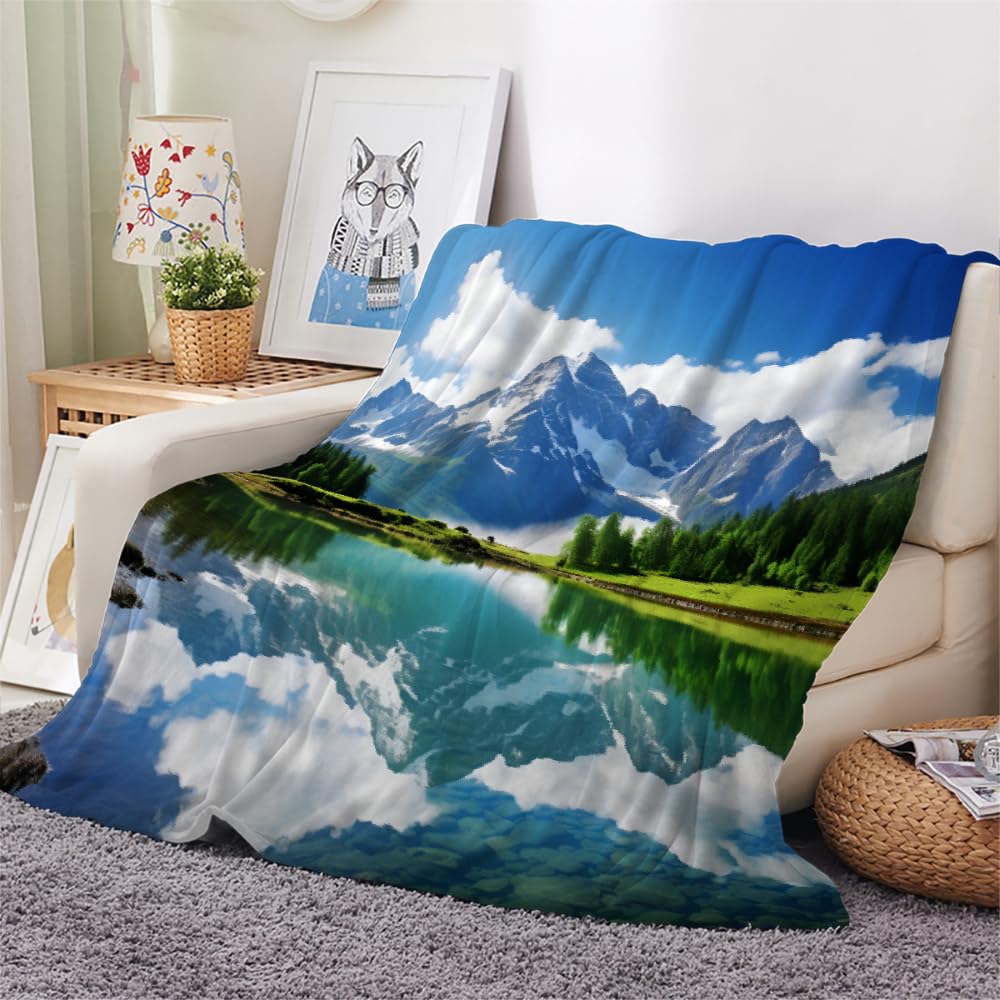 PAOABIU Alps Mountain Blanket Throw, Idyllic Summer Throw Blanket for Couch, Clear Lake Breathable Warm Bed Throw, Natural Landscape Lightweight Fleece Blanket Kids 30"x 40" Camping & Travel Blanket
