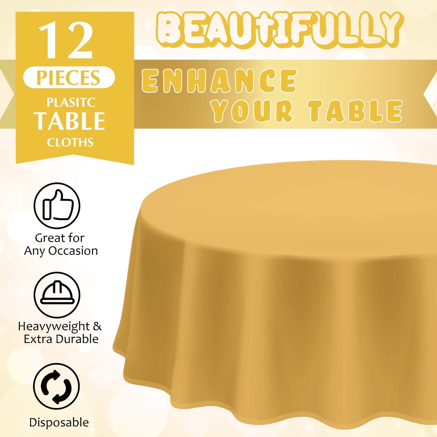 Amylove 2026 Black and Gold Plastic Tablecloths Bulk, Graduation Tablecloth 84 Inch Round Waterproof Table Cover for Anniversary Graduation Party Christmas Birthday Wedding Decorations