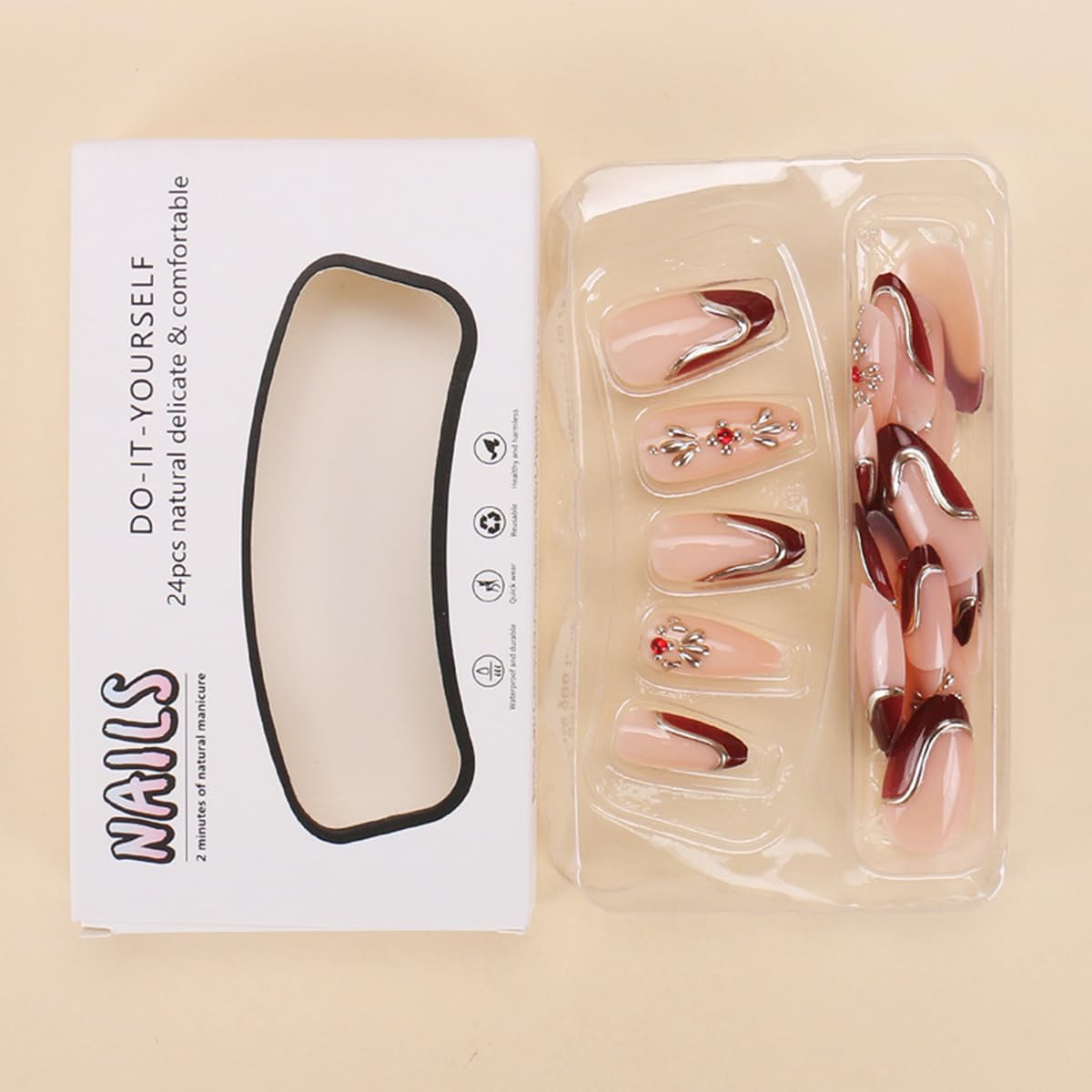 24Pcs Almond Press on Nails Medium Gold Red French Tip Fake Nails 3D Gold Line Rhinestones Designs 3D Acrylic Artificial Nail Reusable Stick on Nails for Women Manicure Decoration