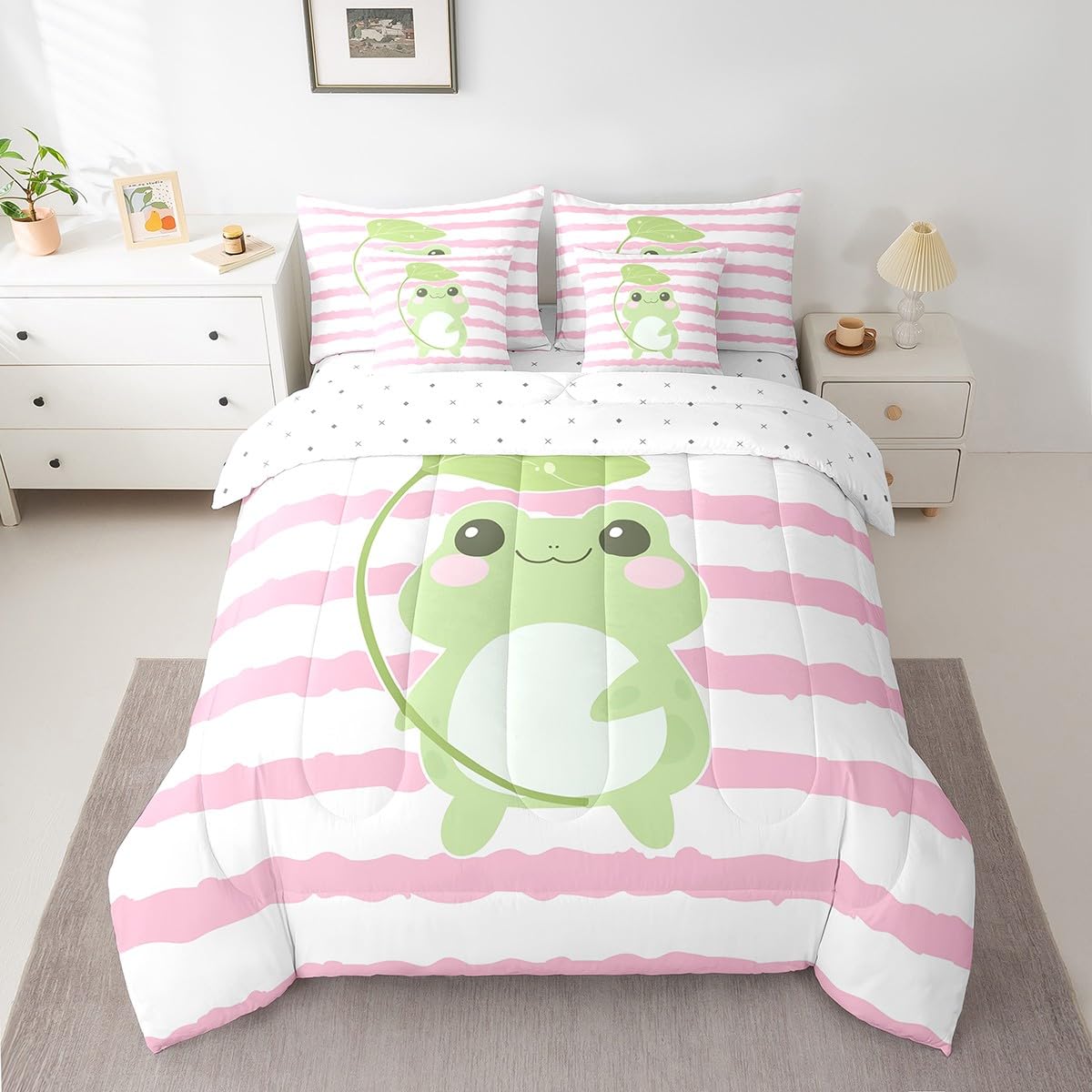 Castle Fairy Cute Frog 7Pcs Comforter Set Full Size,Cartoon Animal Bedding Sets for Kids Girls Boys,Pink White Striped Bed in a Bag Black White Fitted Sheet Flat Sheet,2 Throw Pillow 2 Pillowcases