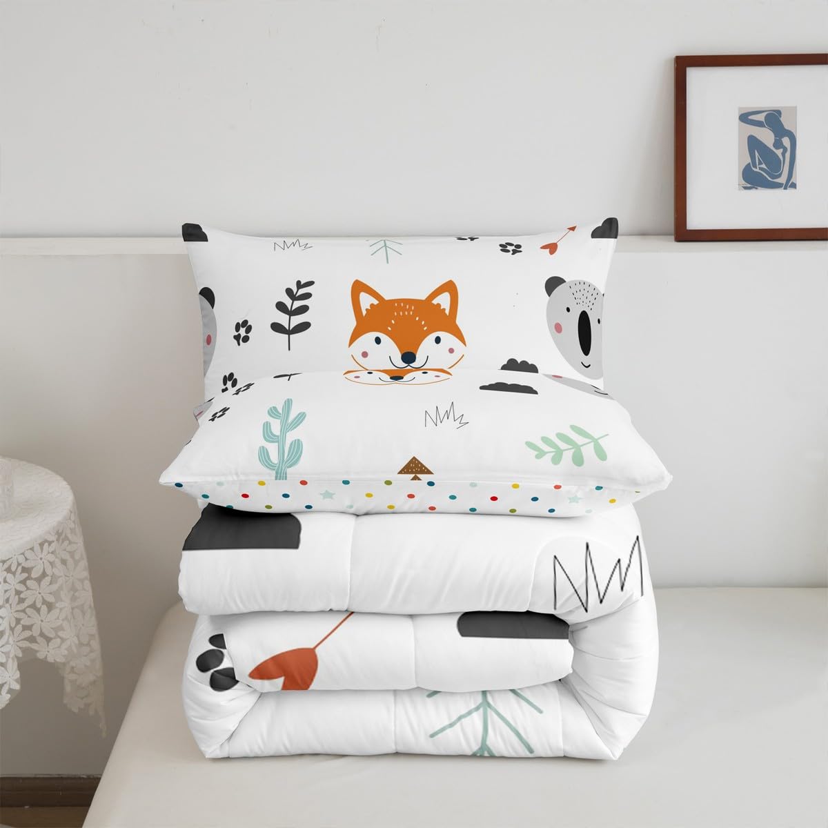 Feelyou Cute Fox Comforter Set Twin Size Cartoon Animal Bedding Set for Boys Girls Teens Bedroom Decor Zoo Animal Comforter Women Men Wildlife Duvet Set with 1 Pillow Case