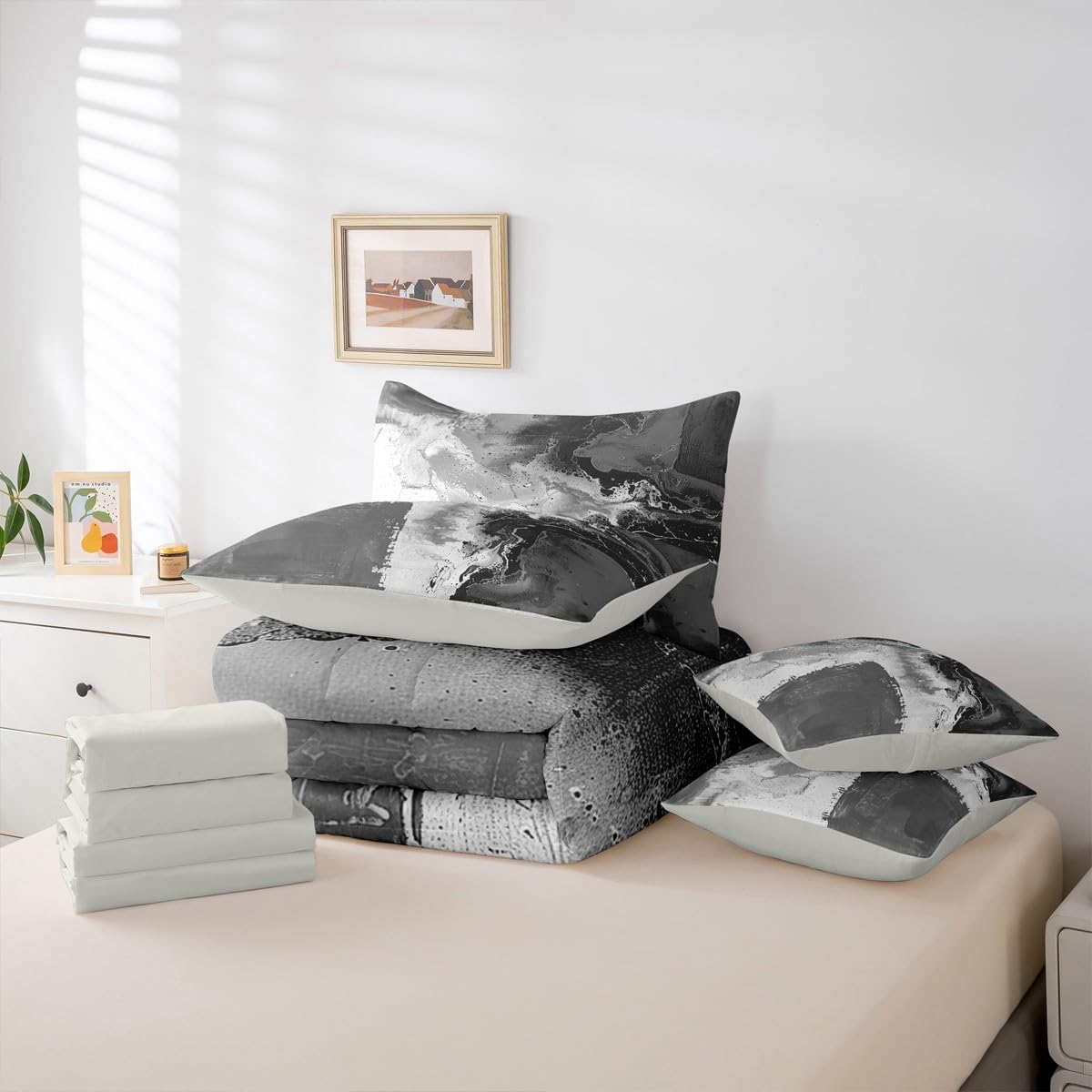 Feelyou Abstract Comforter Set with Sheets 7 Piece King Size Modern Abstract Art Bedding Set for Kids Boys Girls Luxury Bed in a Bag Geometric Room Decor Balck Gray Soft Lightweight Microfiber