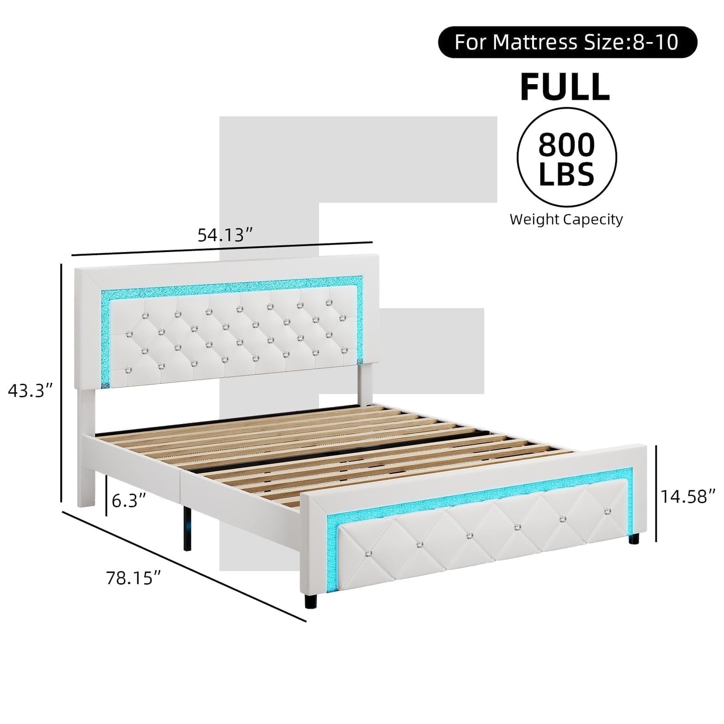 Full Bed Frame with LED Lights, Upholstered Platform Bed with Diamond Tufted Headboard, No Box Spring Needed, Noise Free, Easy Assembly, White