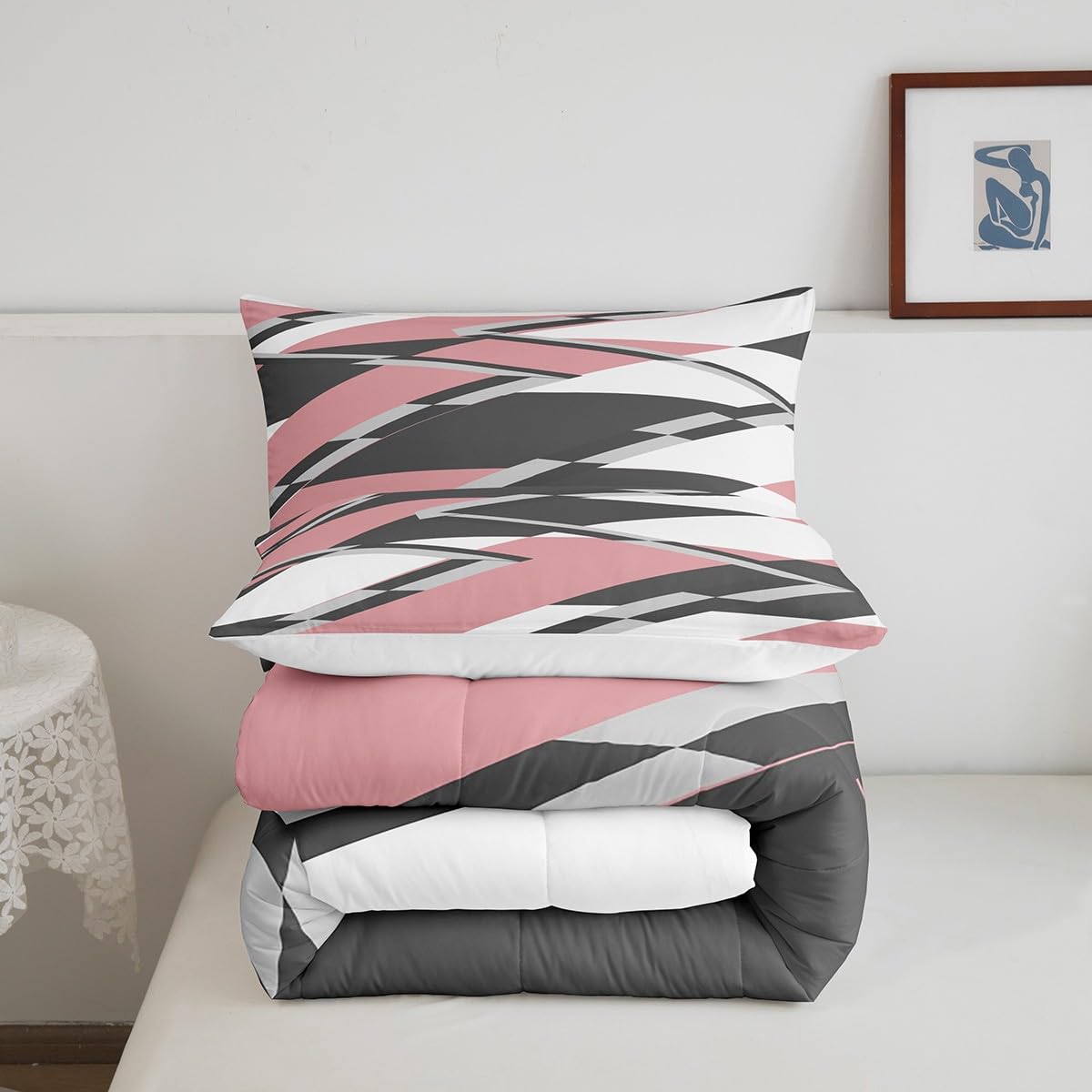 Feelyou Diamond Geometric Bedding Set Geometric Comforter Set for Kids Boys Girls Teens Decor Buffalo Check Pink Grey White Comforter Grid Plaid Modern Art Duvet Set Queen Size Quilt Set 3Pcs