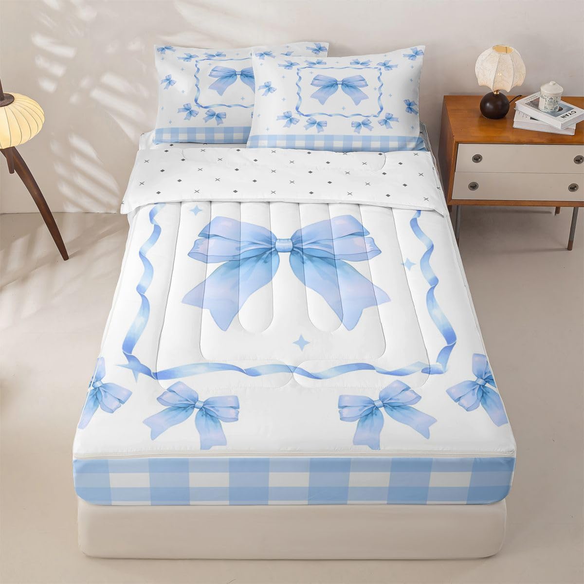 Feelyou Cute Bow Zipper Bedding Queen Kawaii Bowknot Zipper Bedding Sets for Kids Boys Girls Princess Bowknot Comforter Set with Fitted Sheet and Pillowcases Buffalo Check Bedroom Decor Blue