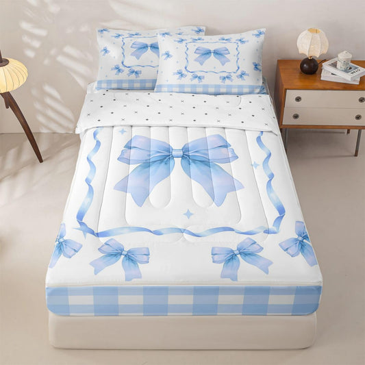 Feelyou Cute Bow Zipper Bedding Queen Kawaii Bowknot Zipper Bedding Sets for Kids Boys Girls Princess Bowknot Comforter Set with Fitted Sheet and Pillowcases Buffalo Check Bedroom Decor Blue