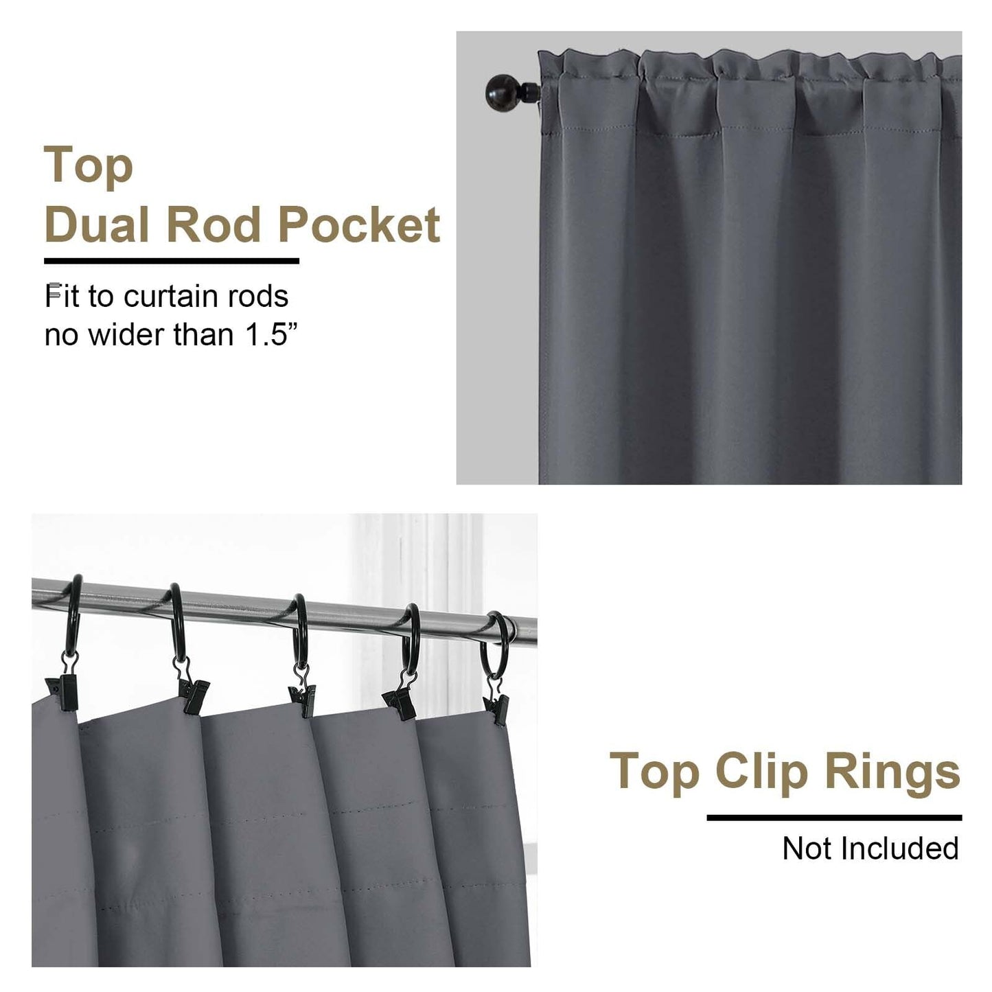 OVZME Charcoal Grey Blackout Curtains for Bedroom 63 Inch Length 2 Panels, Thermal Insulated Energy Saving Curtains for Bedroom, Dual Rod Pocket Window Treatment Blackout Drapes, 2x40Wx63L Inches