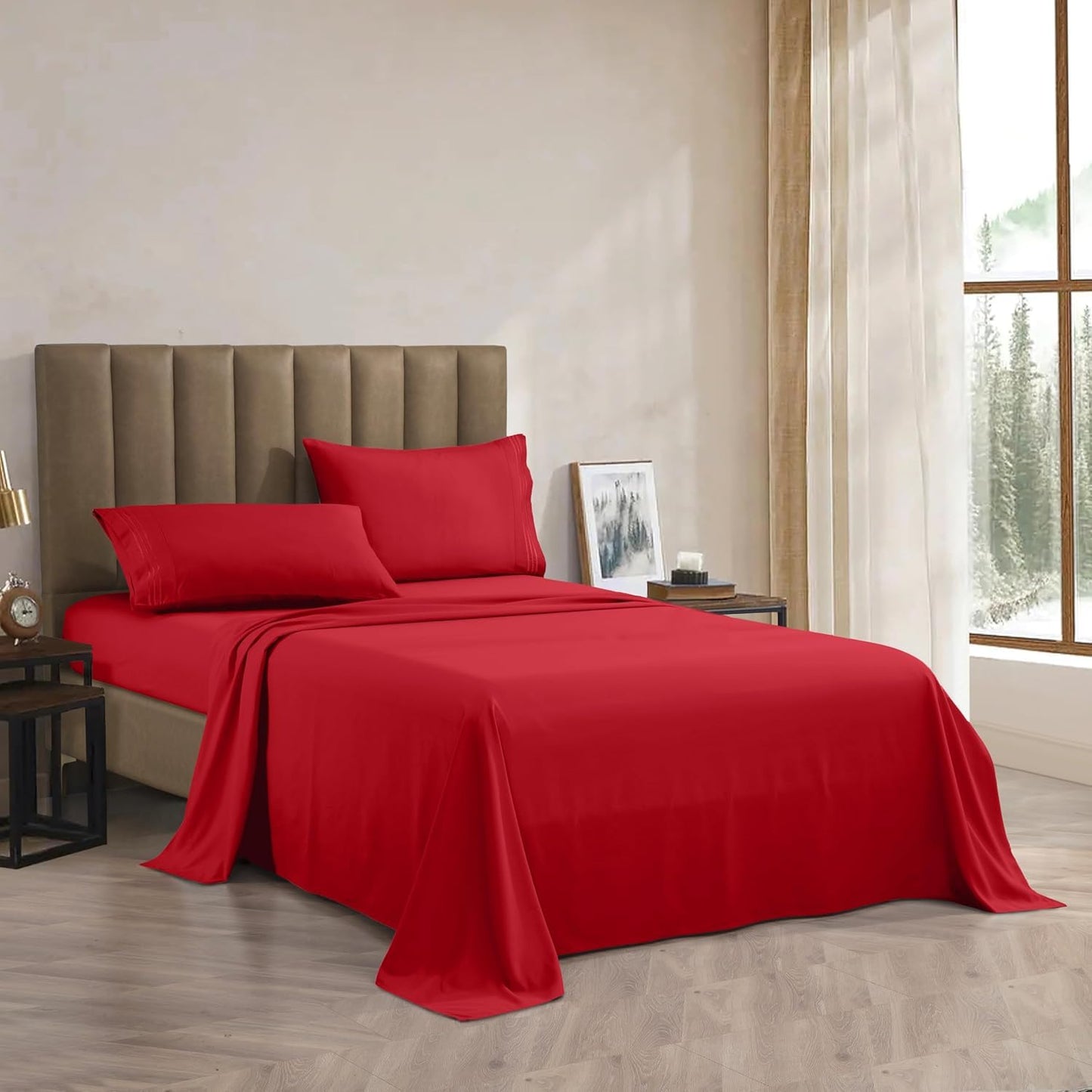 CELINE LINEN Premium 1800 Hotel Quality Wrinkle-Resistant 4-Piece Microfiber Sheet Set - Luxury Ultra Soft and Breathable Bedding 16 Inch Deep Pocket 4PC Sheet Set, King, Red