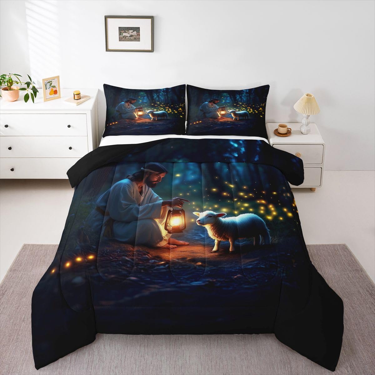 Manfei Western Girls Bedding Set Twin Size,Serenity Prayer Lost Lamb Comforter Set,Inspirational Bible Verse Quilt Comforter Girls Boys Teens,Dark Blue Room Decor All Season,1 Pillowcase