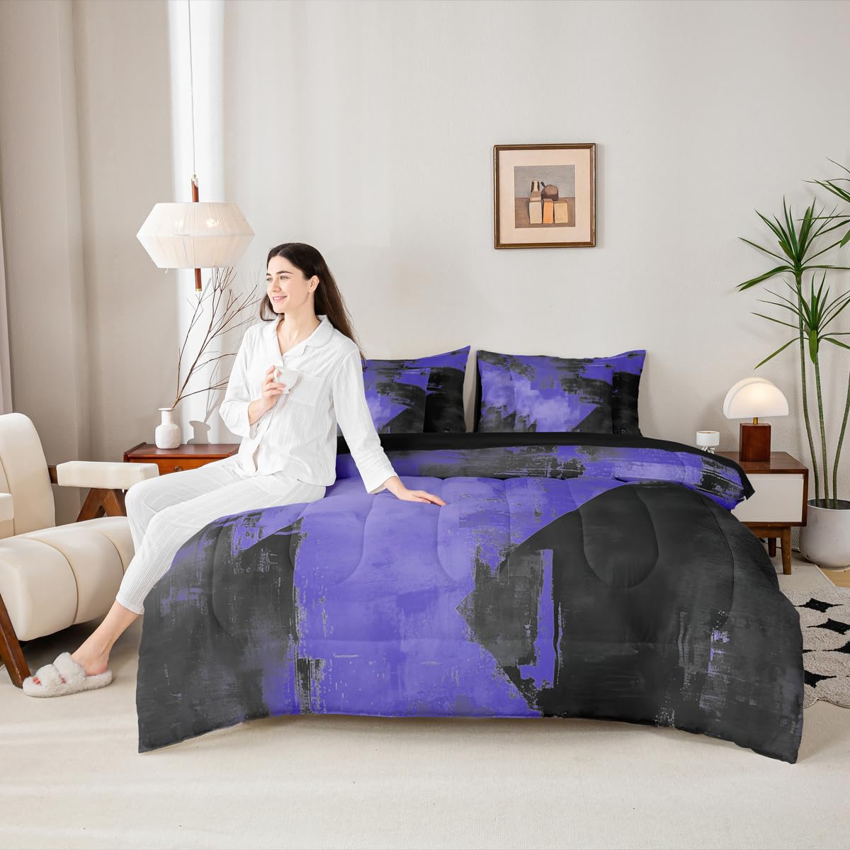 Feelyou Abstract Comforter Set King Size 7 Pieces Modern Abstract Art Bedding Set Luxury Bed in a Bag with Comforter, Sheets, Pillowcases, Cushion Covers Geometric Bedroom Decor Royal Blue