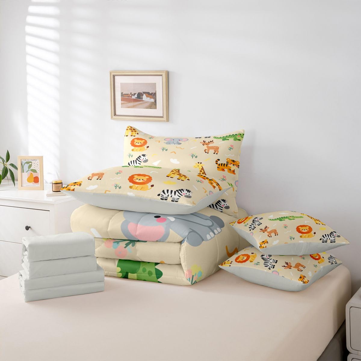 Erosebridal Kids Zoo Animal 7 Piece Comforter Set Twin for Nursery Bedroom | Cute Wild Animals Bedding Set Lion Elephant Crocodile Wildlife Sheets Safari Wild Print Quilt Natural Theme Bed Set