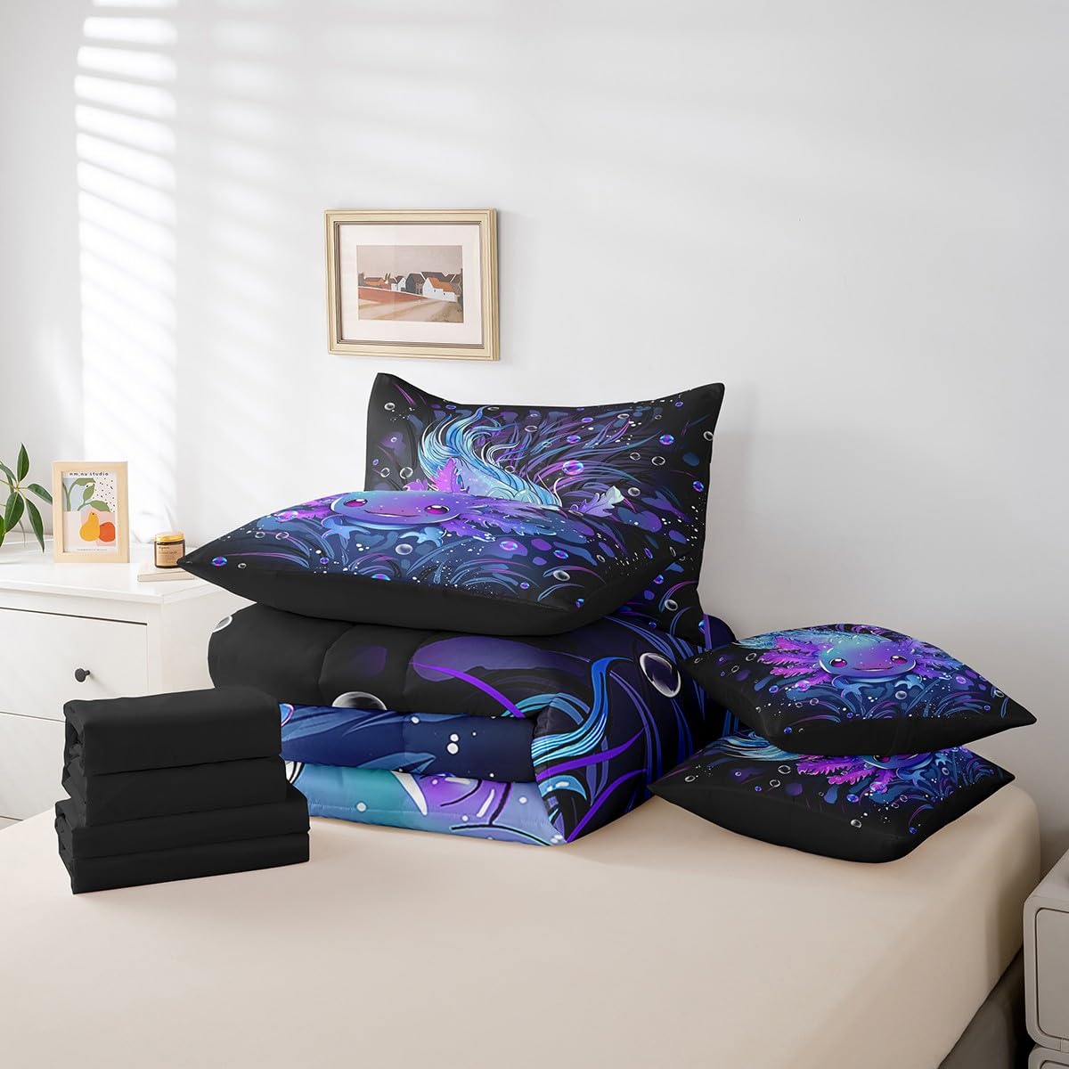 Feelyou Cute Axolotl Bed Set Boys Girls Queen Size Salamander 7 Pieces Bedding Set, for Women Men Ultra Soft Reptile Animal Bed in a Bag with Comforter, Sheets, Pillowcases Ocean Sealife Room Decor