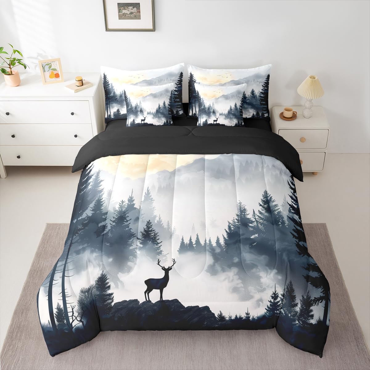 Erosebridal Sunrise 7 Piece Bedding Set Twin Reindeer Comforter Set with Sheets Elk Landscape Mountain Natural Bed in a Bag Woods Smoke Fog Deer Birds for Kids Boys Girls