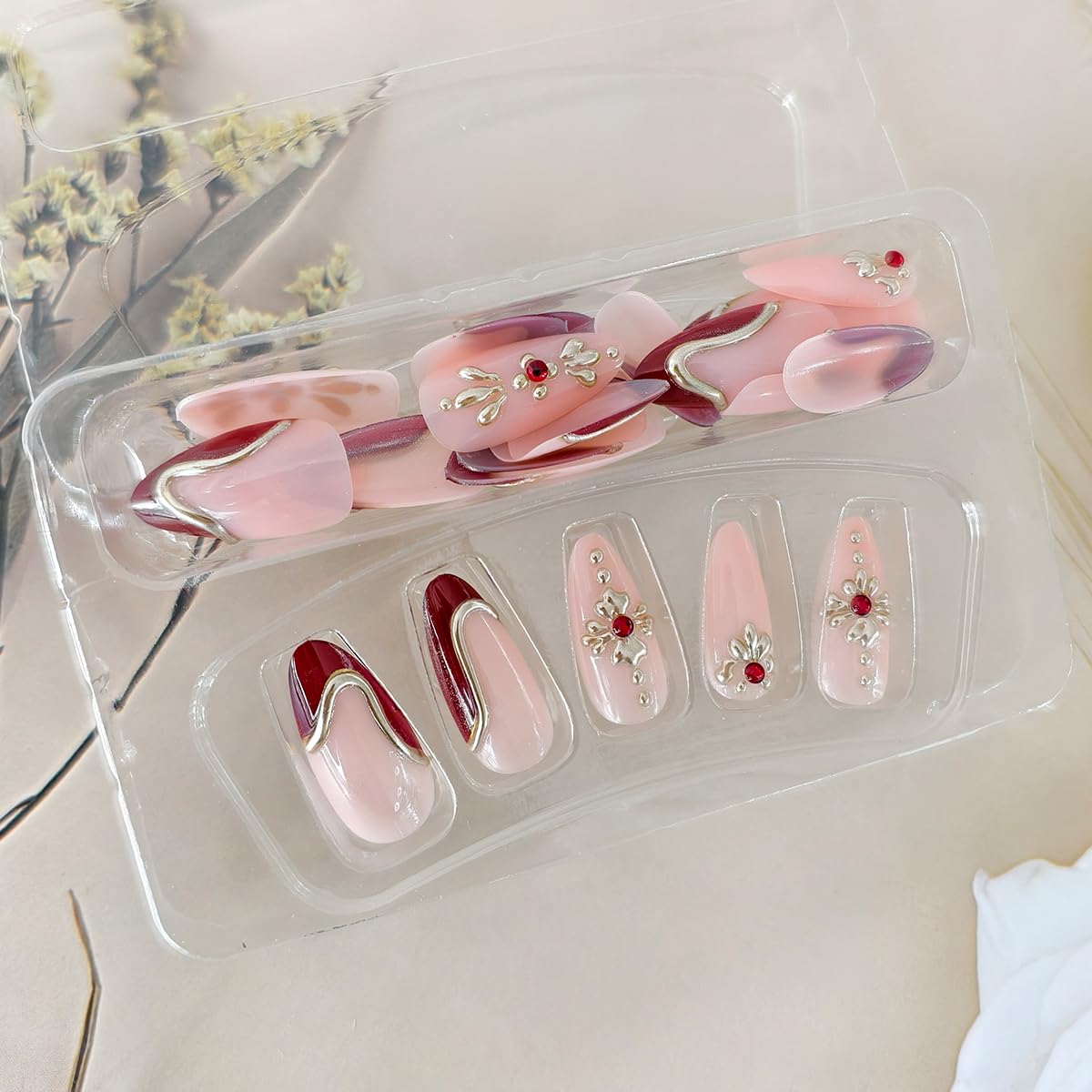 24Pcs Almond Press on Nails Medium Gold Red French Tip Fake Nails 3D Gold Line Rhinestones Designs 3D Acrylic Artificial Nail Reusable Stick on Nails for Women Manicure Decoration