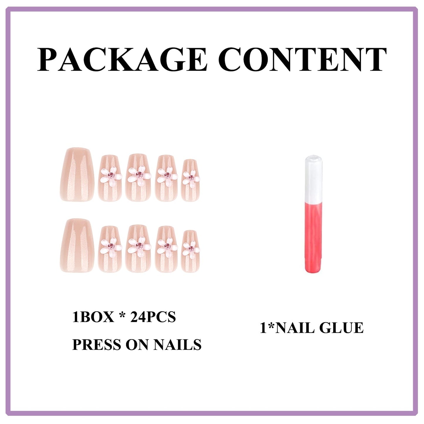 MERVF Coffin Press on Nails Medium Fake Nails Flower 3D Rhinestones Glue ons Nail Nude Glitter Acrylic Ballerina Manicure Glossy 24pcs