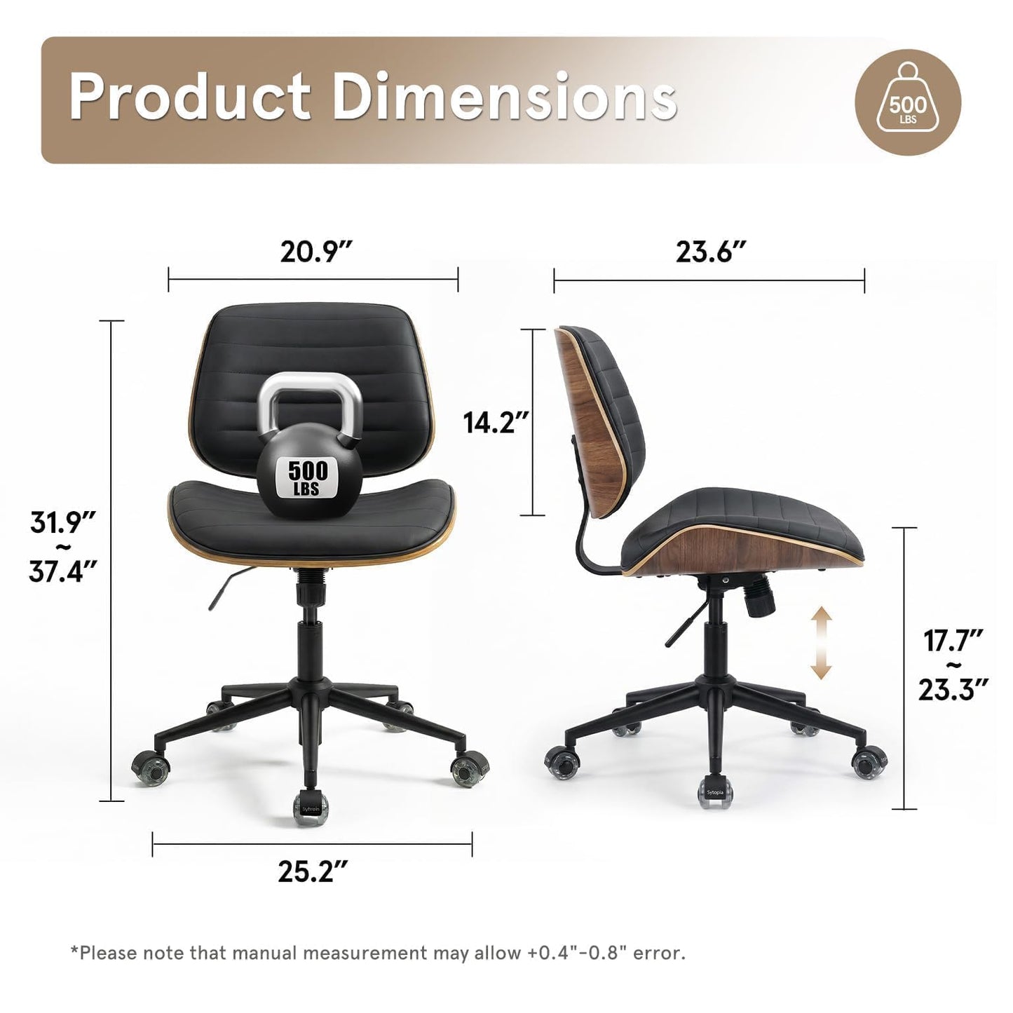 Sytopia Small Desk Chair for Home Office, Adjustable Height Swivel Armless Office Chair No Arms, Mid Century Modern Chair with Wheels, Walnut Wooden Sturdy Furniture, Easy Assembly, Vintage Black