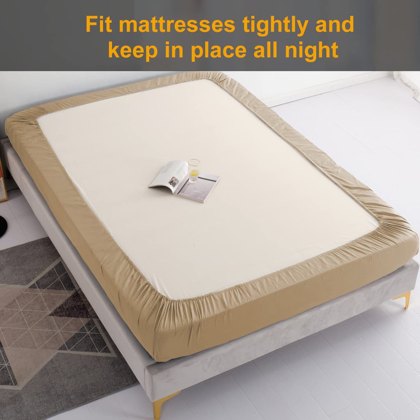 MILDLY Deep Pocket Fitted Sheet Only Queen Size 60"x80" 100% Long Staple Cotton Champagne Gold Breathable Bottom Sheet Fits Up to 14" Deep Mattress