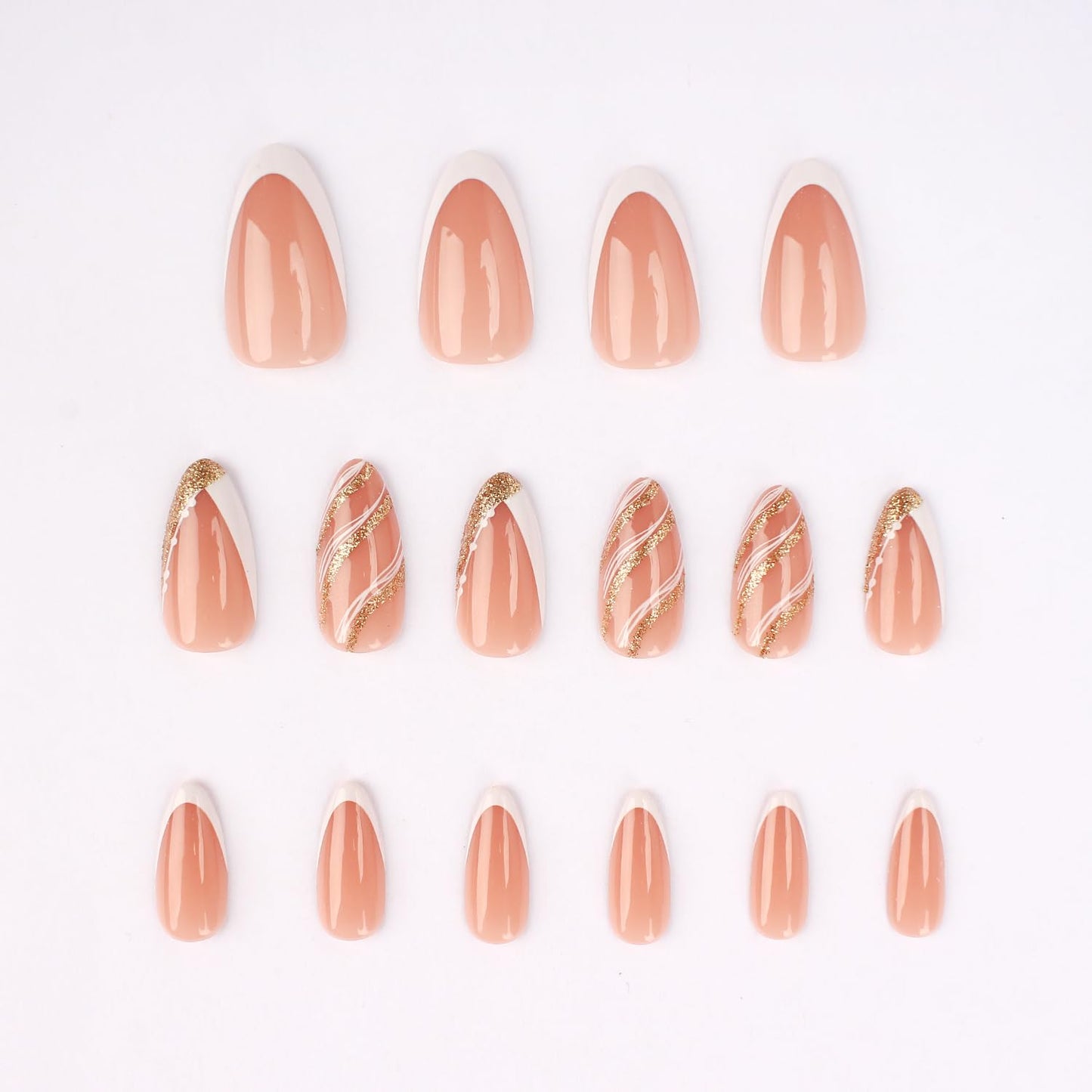 Stbisen French Press On Nails Almond Medium, Nude Fake Nails with White French Tip and Minimalist Gold Line Design, 32Pcs Glossy Acrylic Nails, Natural Reusable Glue On Nails for Women, Luxe Line