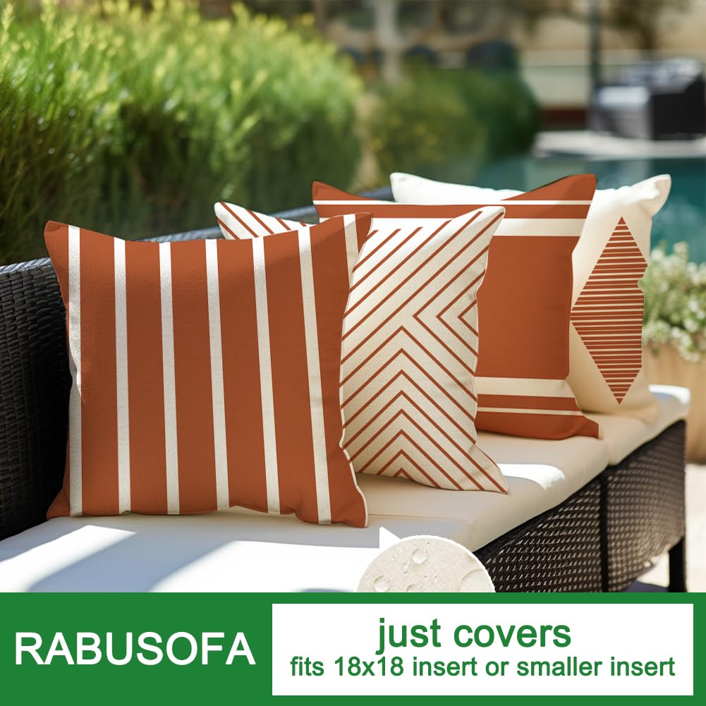 RABUSOFA Outdoor Pillows Covers 18x18 inch Waterproof,Fall Rust and Beige Boho Cushion Cases Set of 4 for Patio Furniture Sunbrella Couch(No Insert)