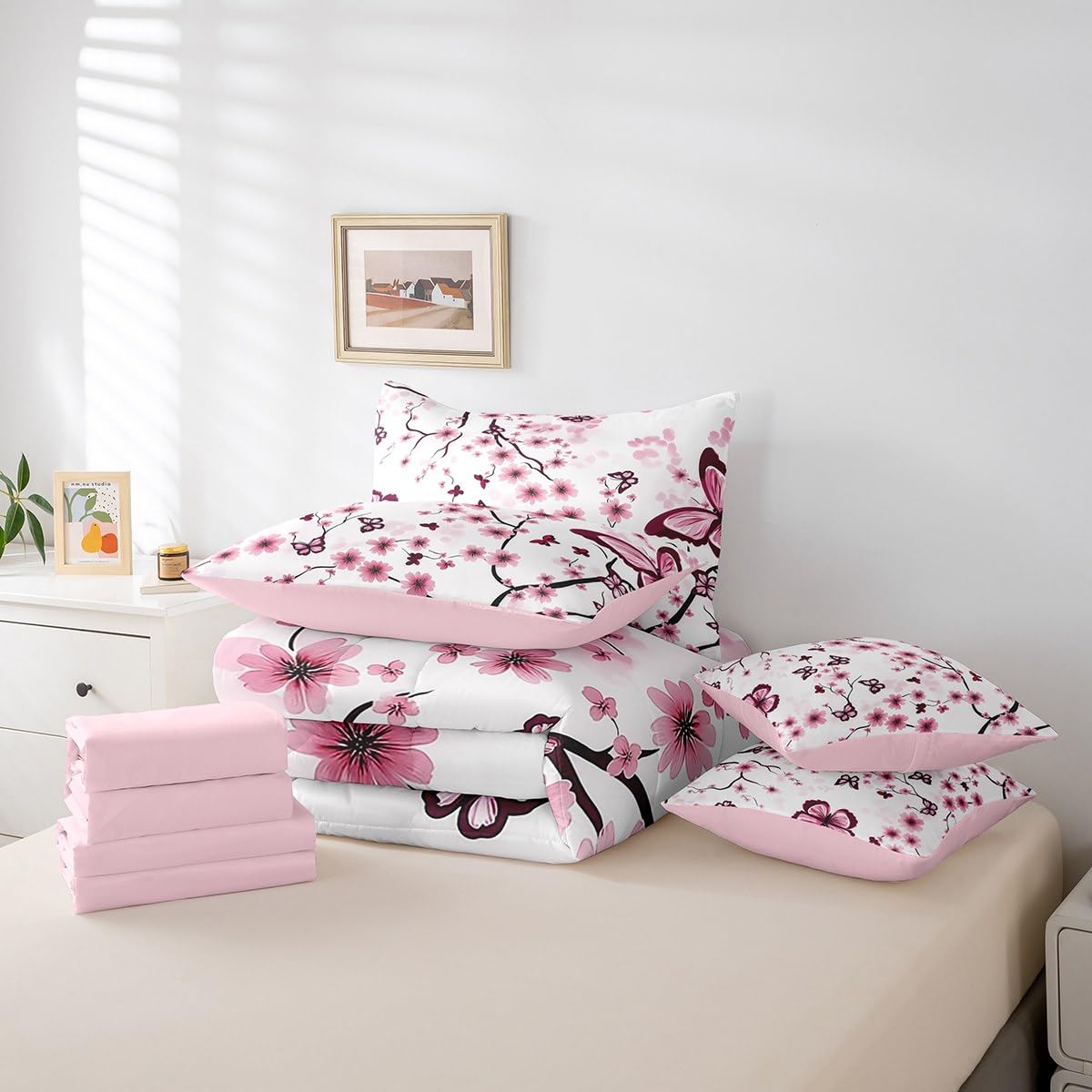 Erosebridal Cherry Blossom 7 Piece Comforter Set Queen Bed in a Bag,Spring Elegant Flowers Butterfly Bedding Set for Girls Women,Girly Japanese Style Quilt Duvet,Botanical Floral Bed Set,Pink Purple