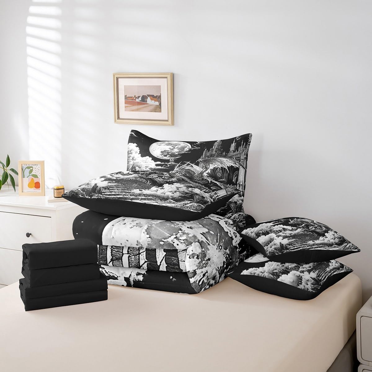Erosebridal Ancient Castle Comforter Set King,Magical Dragon Bedding Set 7Pcs for Kids Teens Adults,Gothic Horror Midnight Bed in a Bag