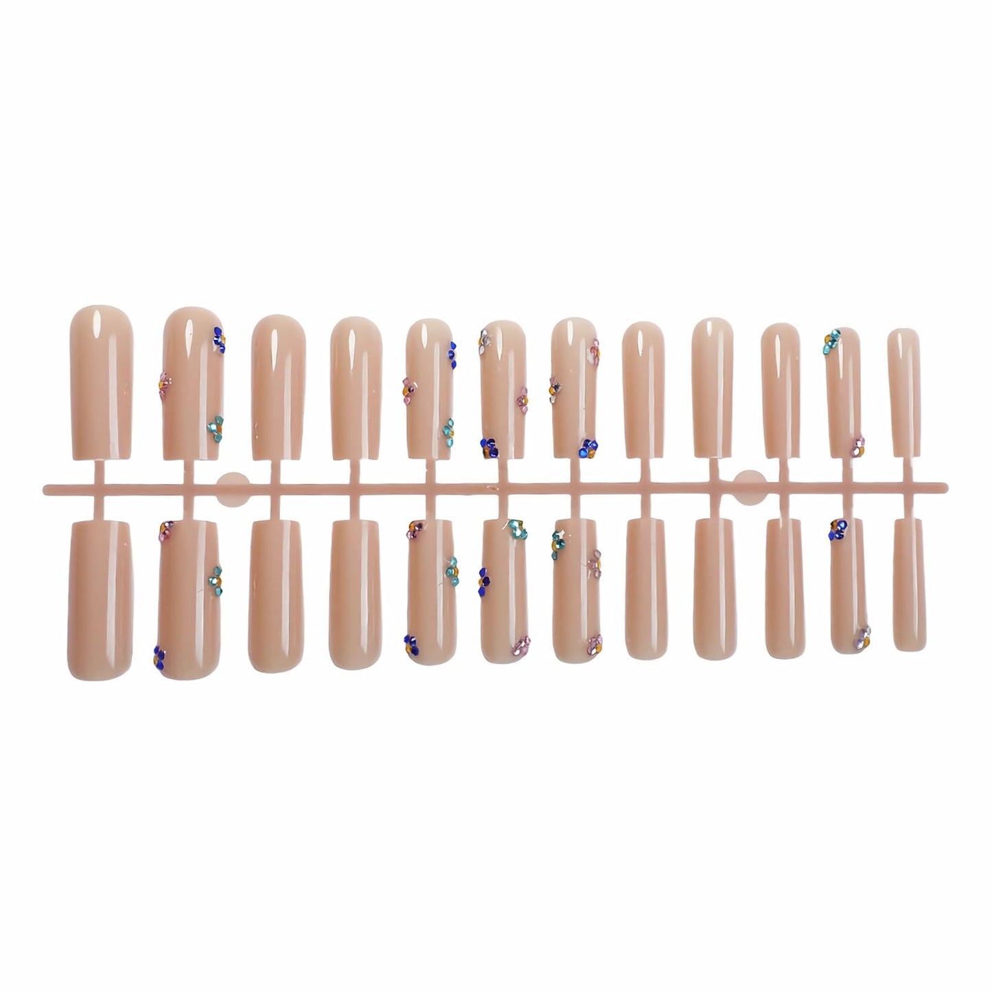 MISUD Press on Nails - Long Square Fake Nails with Nude, Acrylic Rhinestone Design 24 pcs