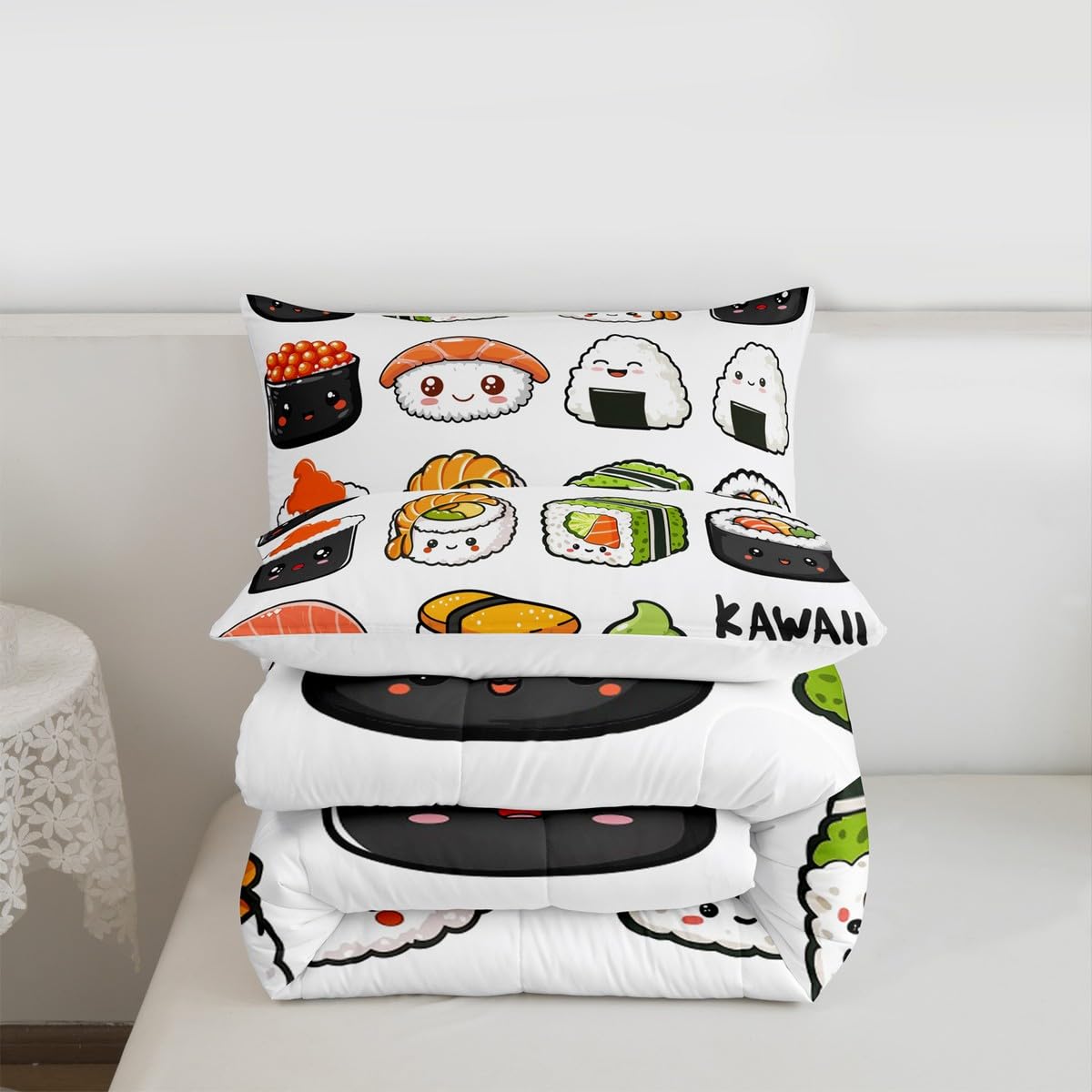 Erosebridal Sushi Pattern Comforter Set Queen, Japanese Style Down Comforter, Food Theme Quilted Duvet for Kids Boys Girls Teens, Cute Cartoon Japanese Sushi Quilt Set Room Decorative