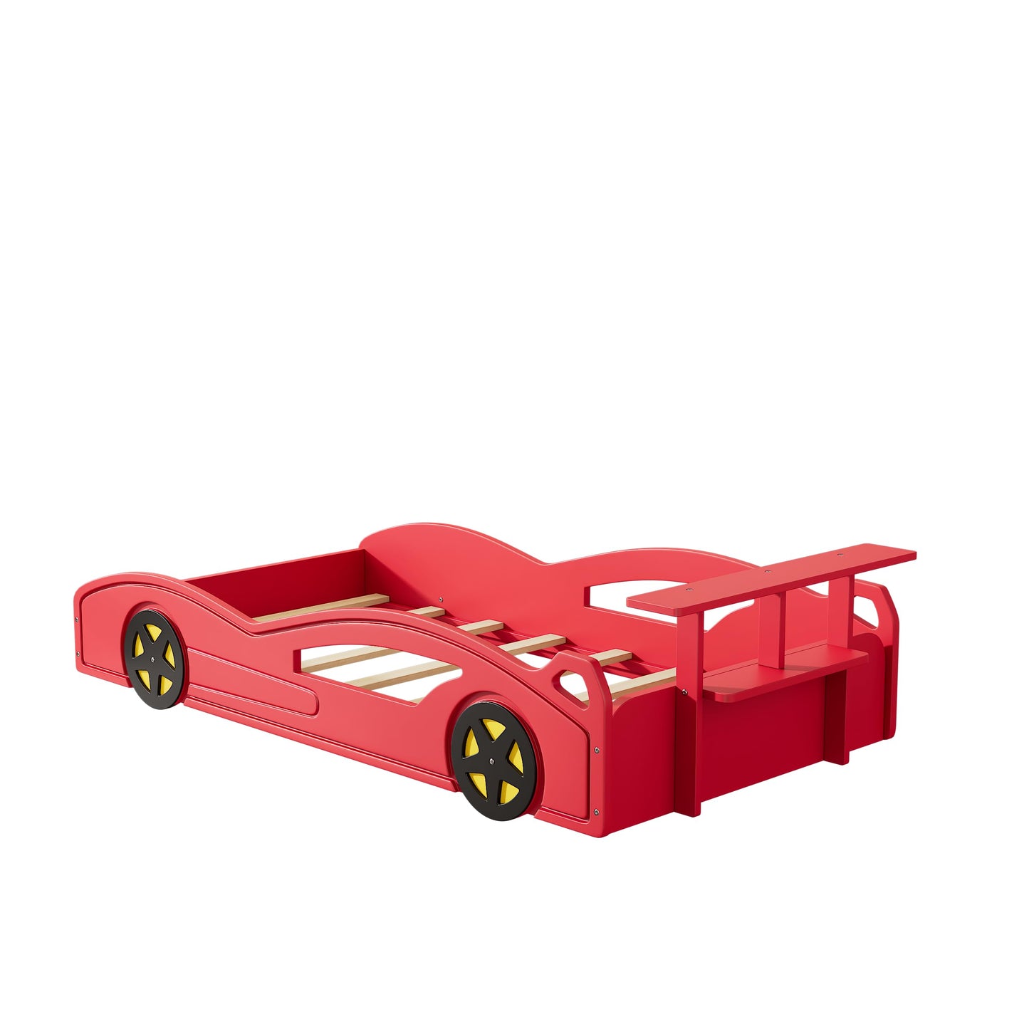 LUMISOL Twin Size Bed Frames for Kids, Race Car-Shaped Platform Bed Frame with Wheels & Guardrails for Boys Girls, No Box Spring Needed, Red+Yellow