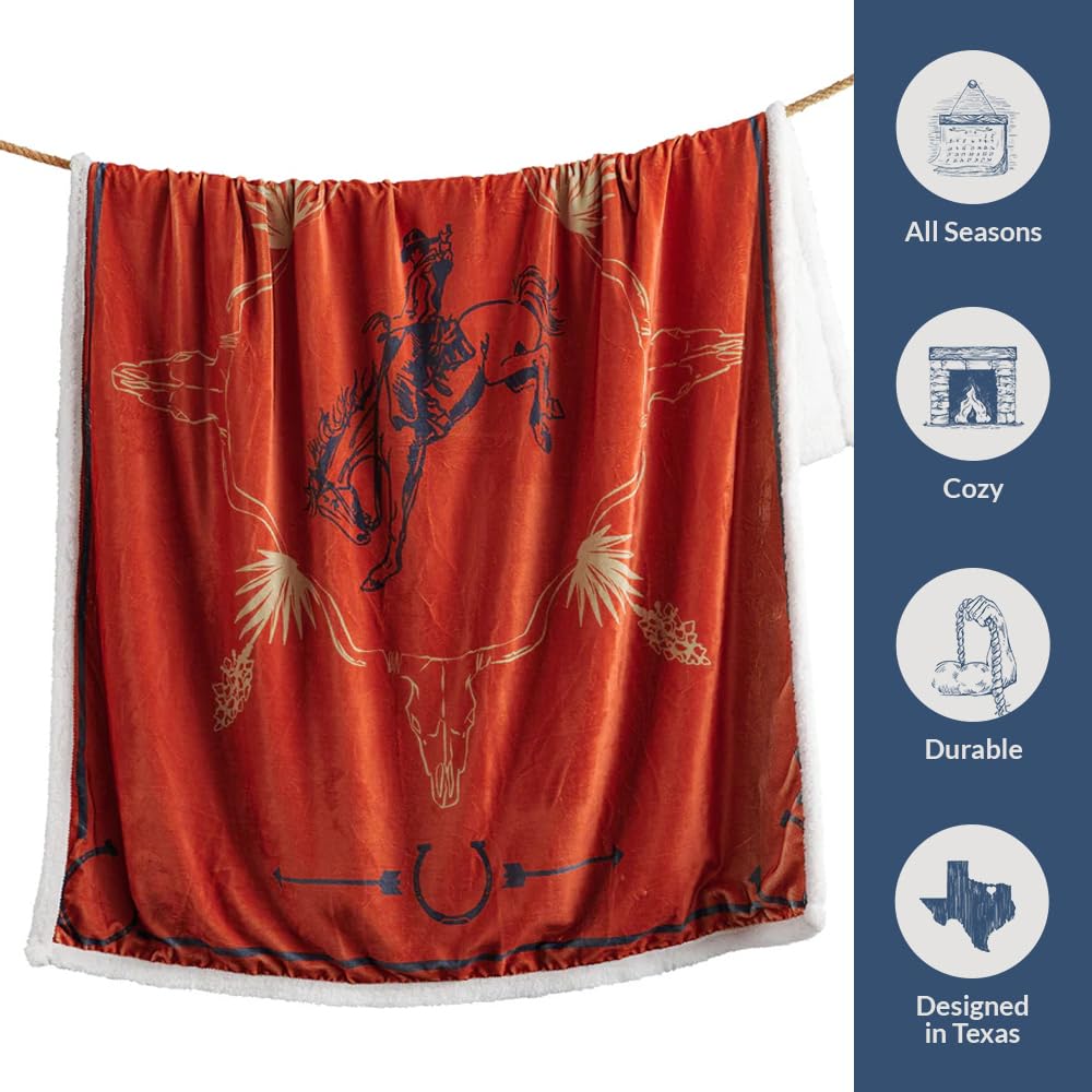 Indigo Hill by HiEnd Accents Marfa 3 Piece Sherpa Western Throw Blanket Set, Cowboy Horseshoe Arrow Print, Western Blanket with Bucking Bronco Print Pillows, Southwestern Style, 1 Throw and 2 Pillows