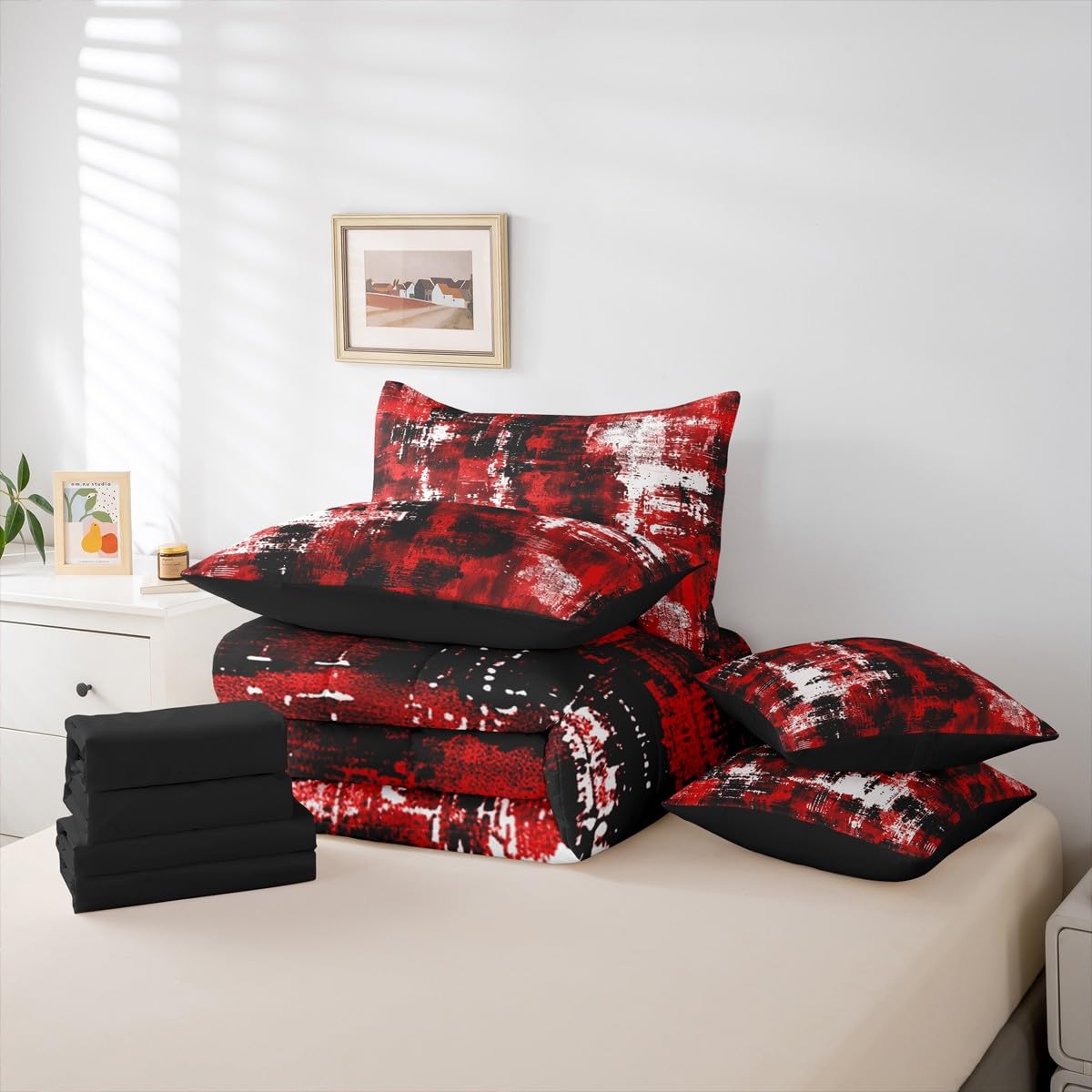 Feelyou Abstract Queen Comforter Set with Sheets for Kids Boys Girls Modern Abstract Art 7 Pieces Bedding Set Black Red Bed in a Bag Luxury Room Decor Geometric Soft Lightweight Microfiber