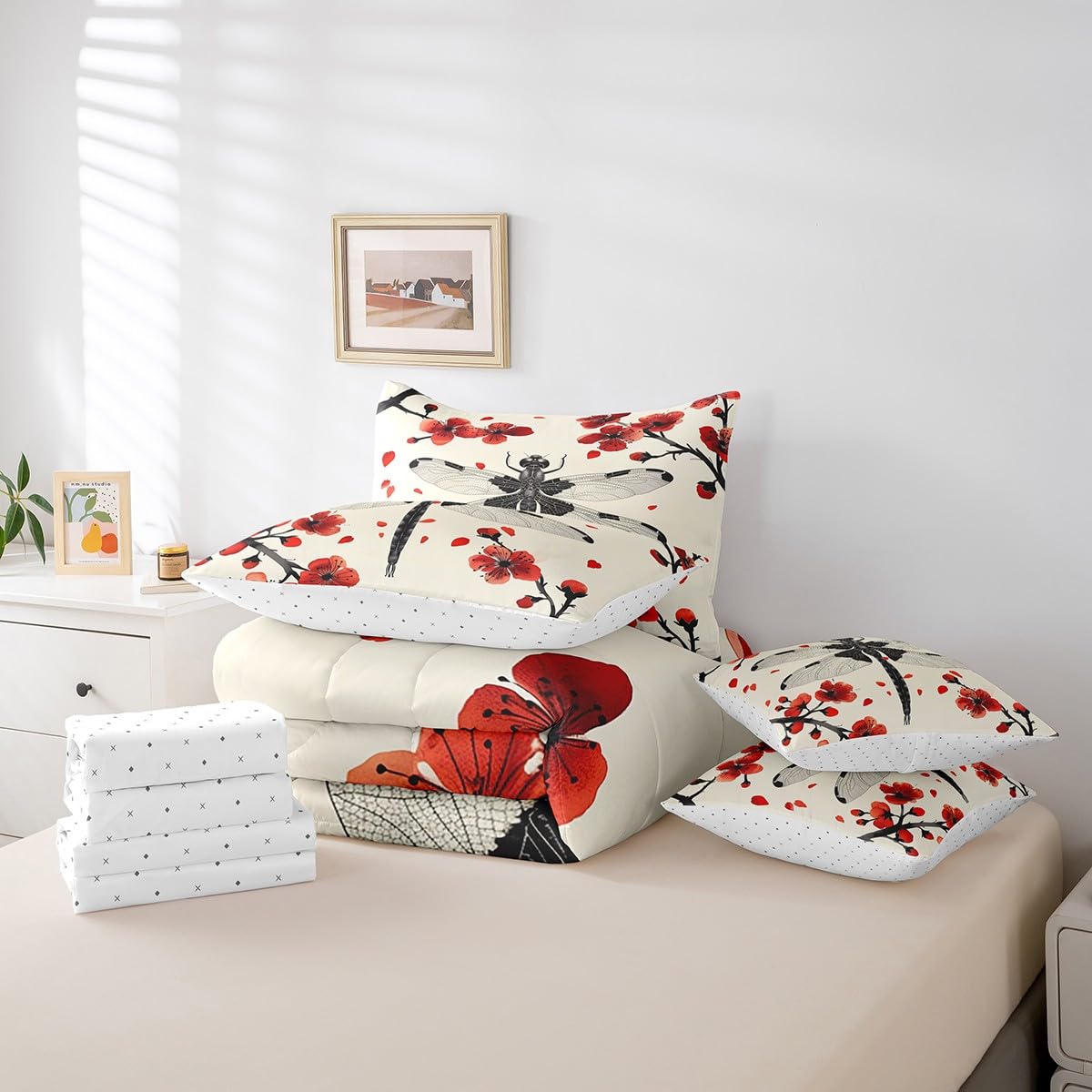 Erosebridal Japanese Cherry Blossom Comforter Set Queen,Red Black Dragonfly Bedding Set 7Pcs for Kids Teens Adults,Watercolor Red Floral Bed in a Bag