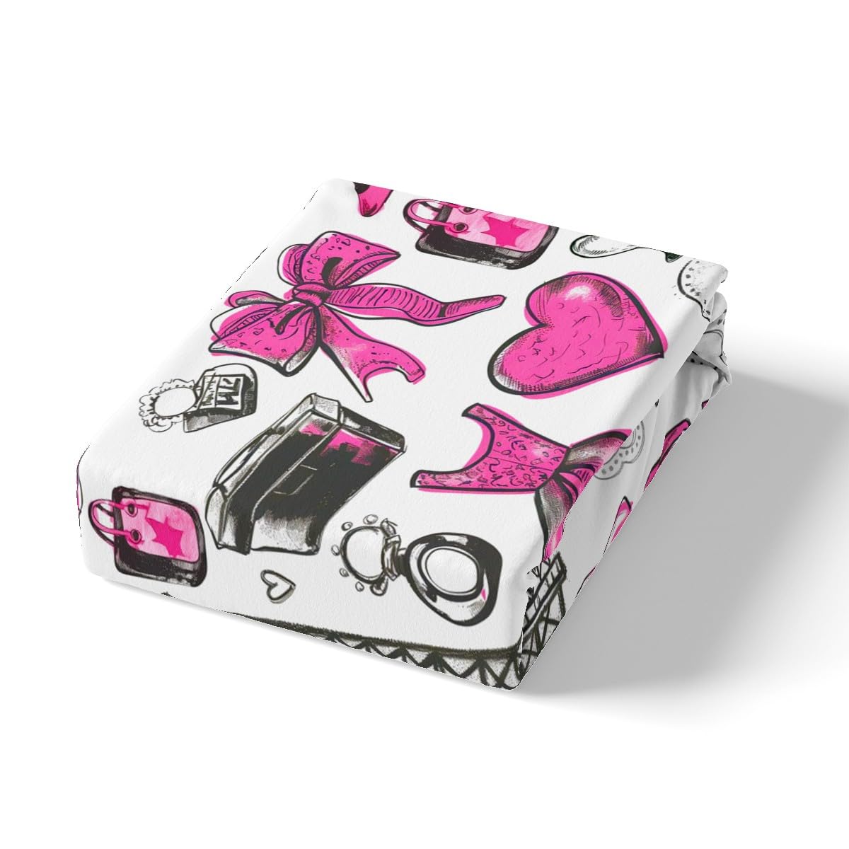 Fashion Women Clothing Fitted Sheet Full for Boys Kids Teens Bedroom,Romantic Eiffel Tower Bedding Set(No Top Sheet),Pink Hat Bag Bed Sheet,Makeup Theme Bed Cover,2 Pillowcases